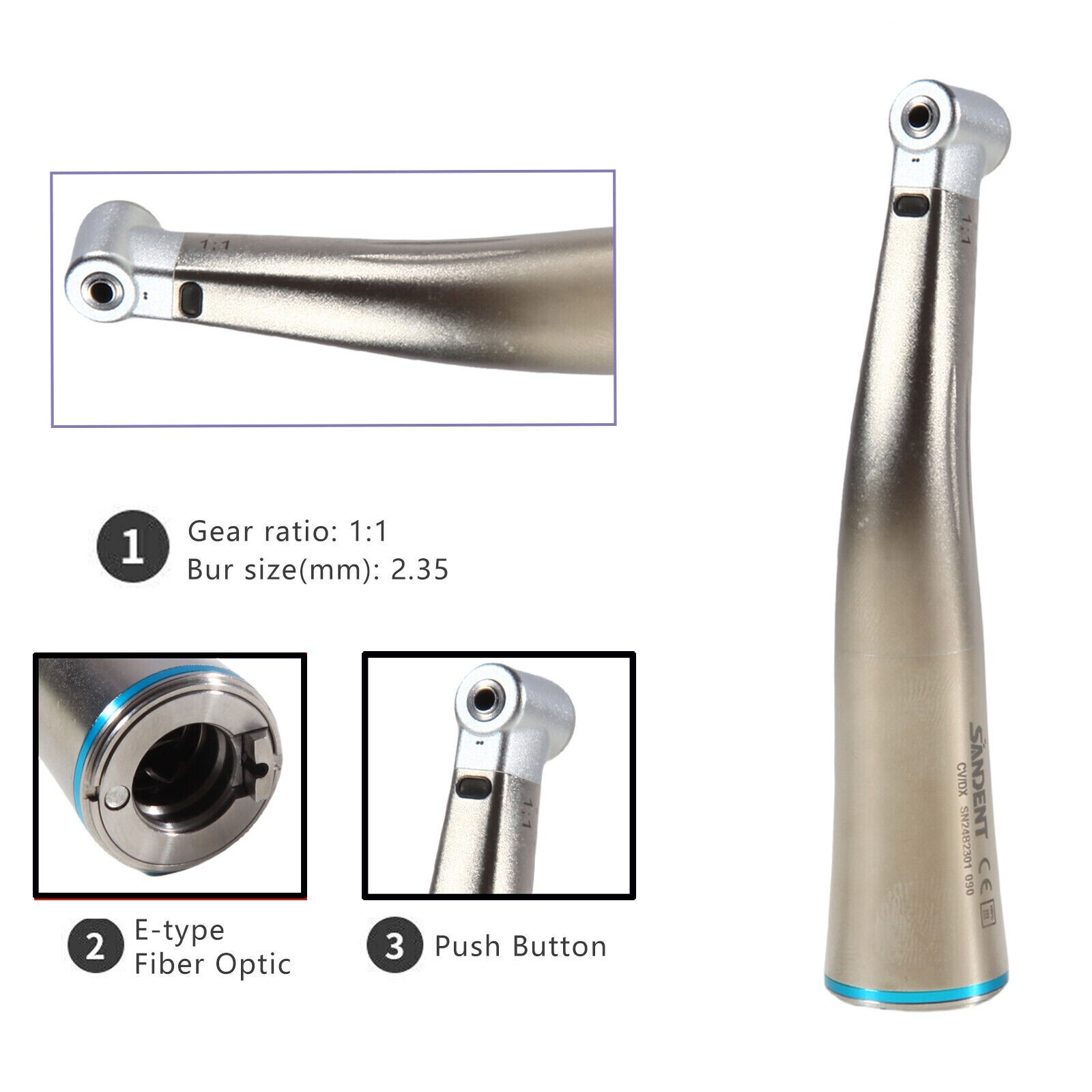 Dental LED Light Fiber Optic Contra Angle 1:1 Low Speed Handpiece DS USA