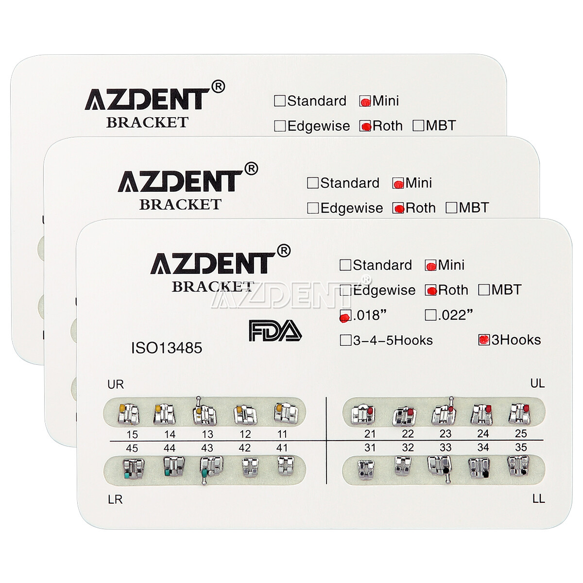 10X AZDENT Dental Metal Brackets Mini/Standard Roth/MBT 018/022 Hooks 3/3-4-5