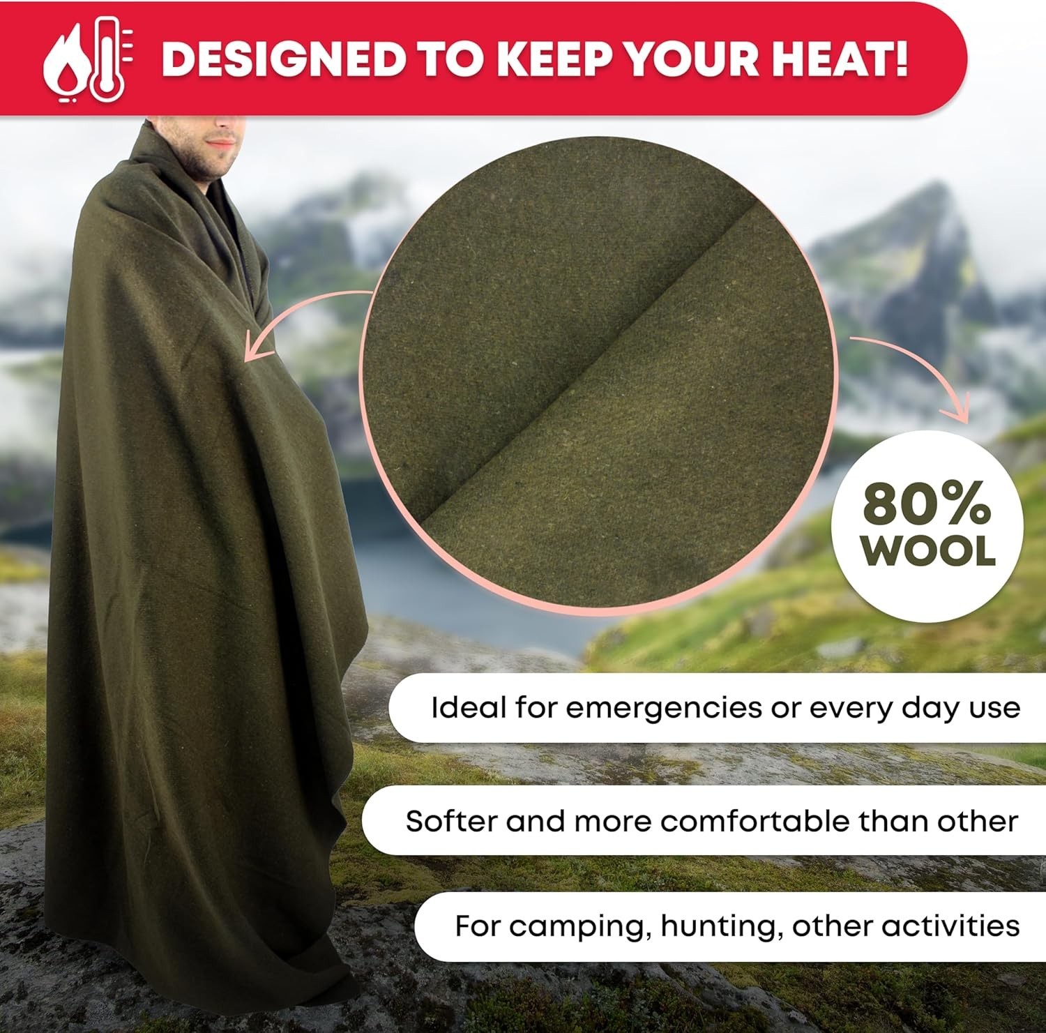 Olive Green Warm Fire Retardant Wool Blanket, 66″ x 90″ – Perfect for Camping