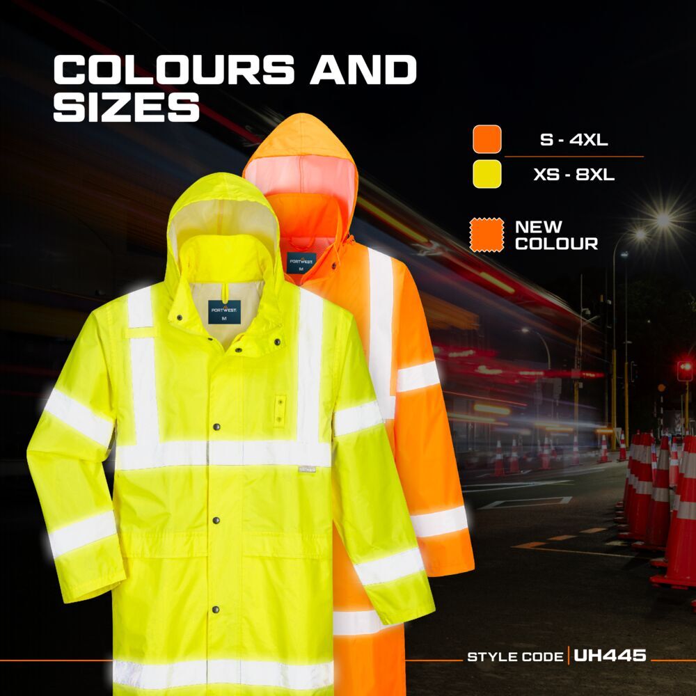 Portwest UH445 Mens Waterproof Raincoat Hi Vis Reflective Lightweight 48″ Jacket