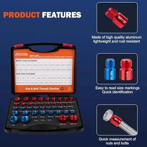 44pcs Inch & Metric Set Nut & Bolt Thread Checker Identifier Thread Gauges Box