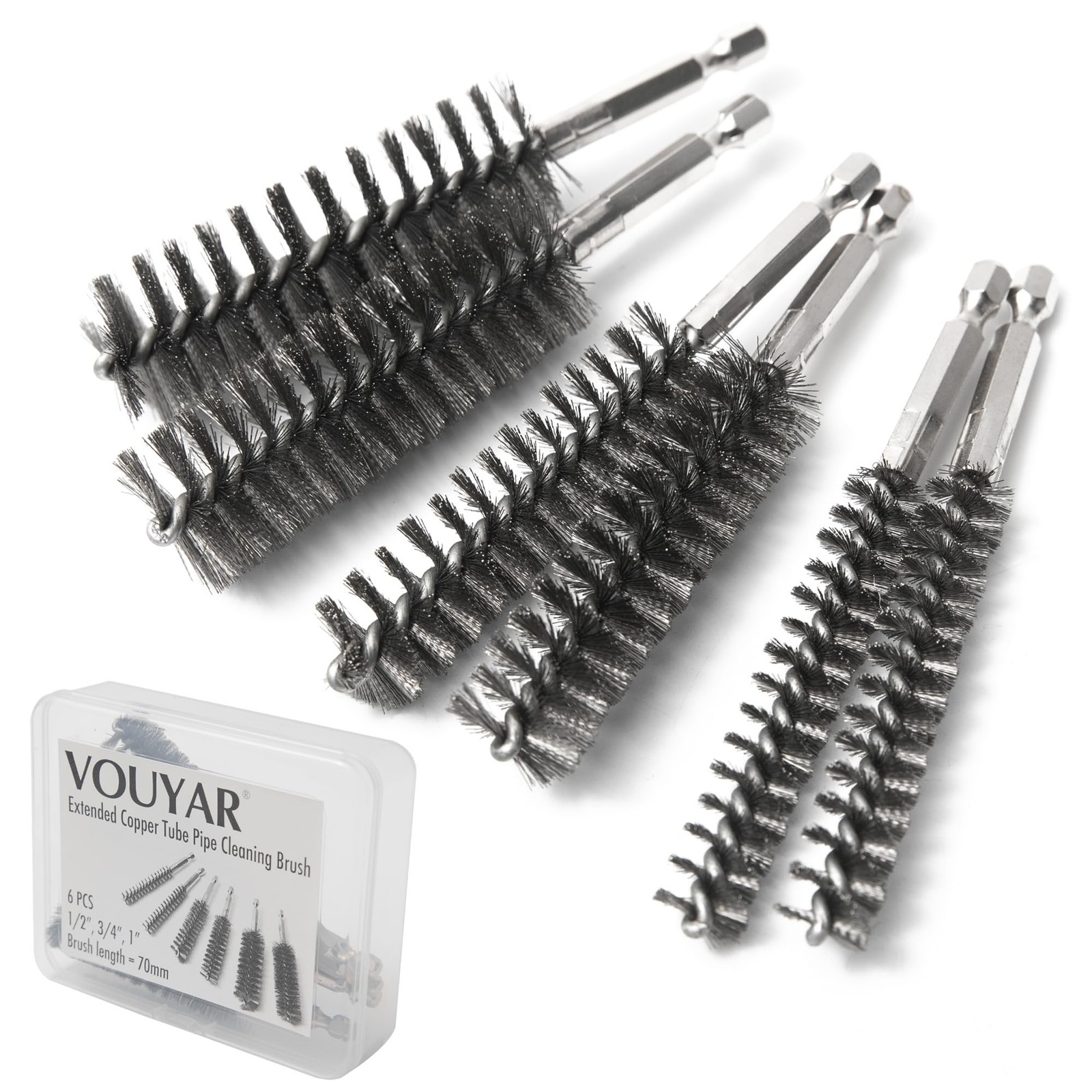 6pc Extended Copper Pipe Cleaning Brush Set for Power Drill – Stainless Steel