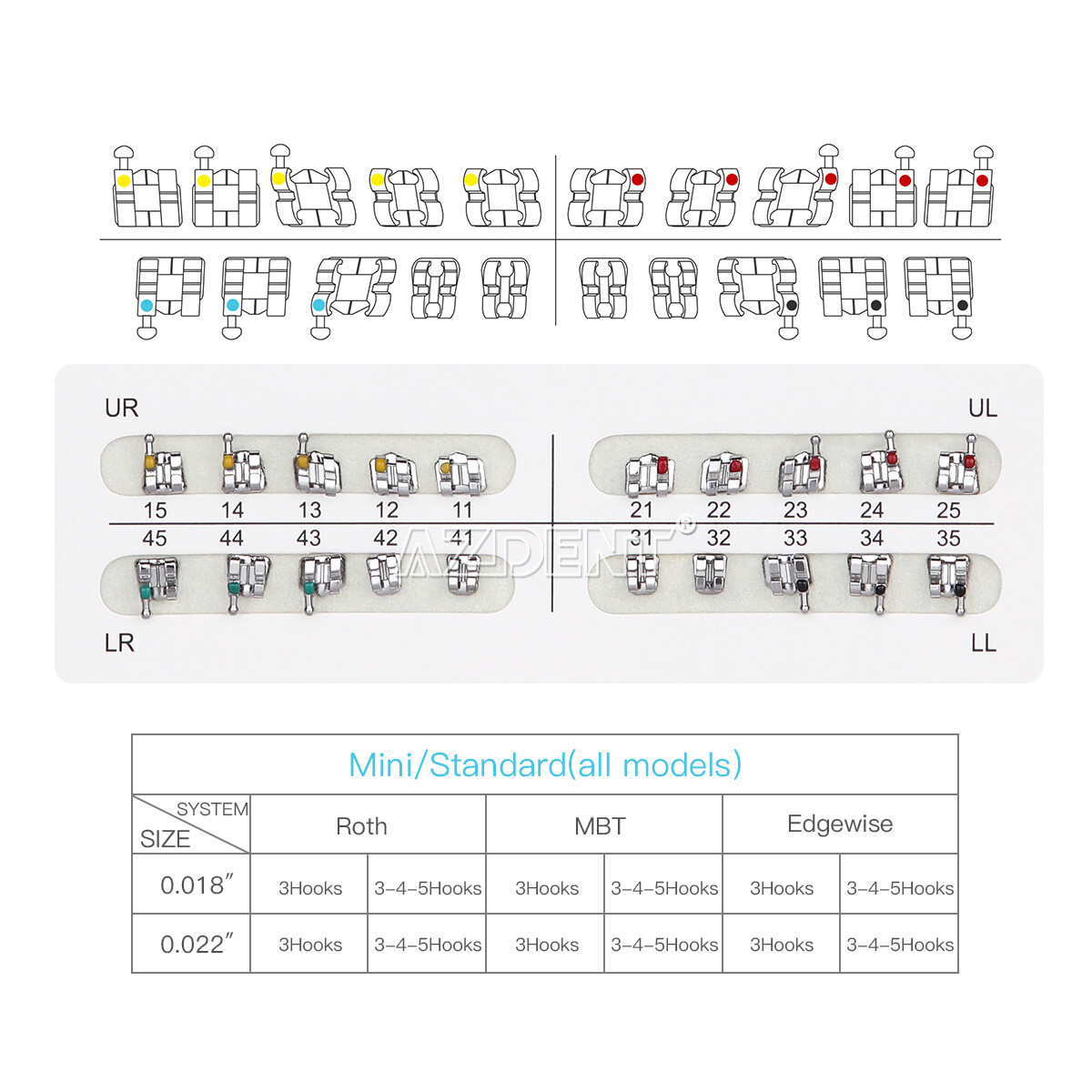 10X AZDENT Dental Brackets Mini/Standard MBT/Edgewise/Roth 022/018 Hooks 3/345
