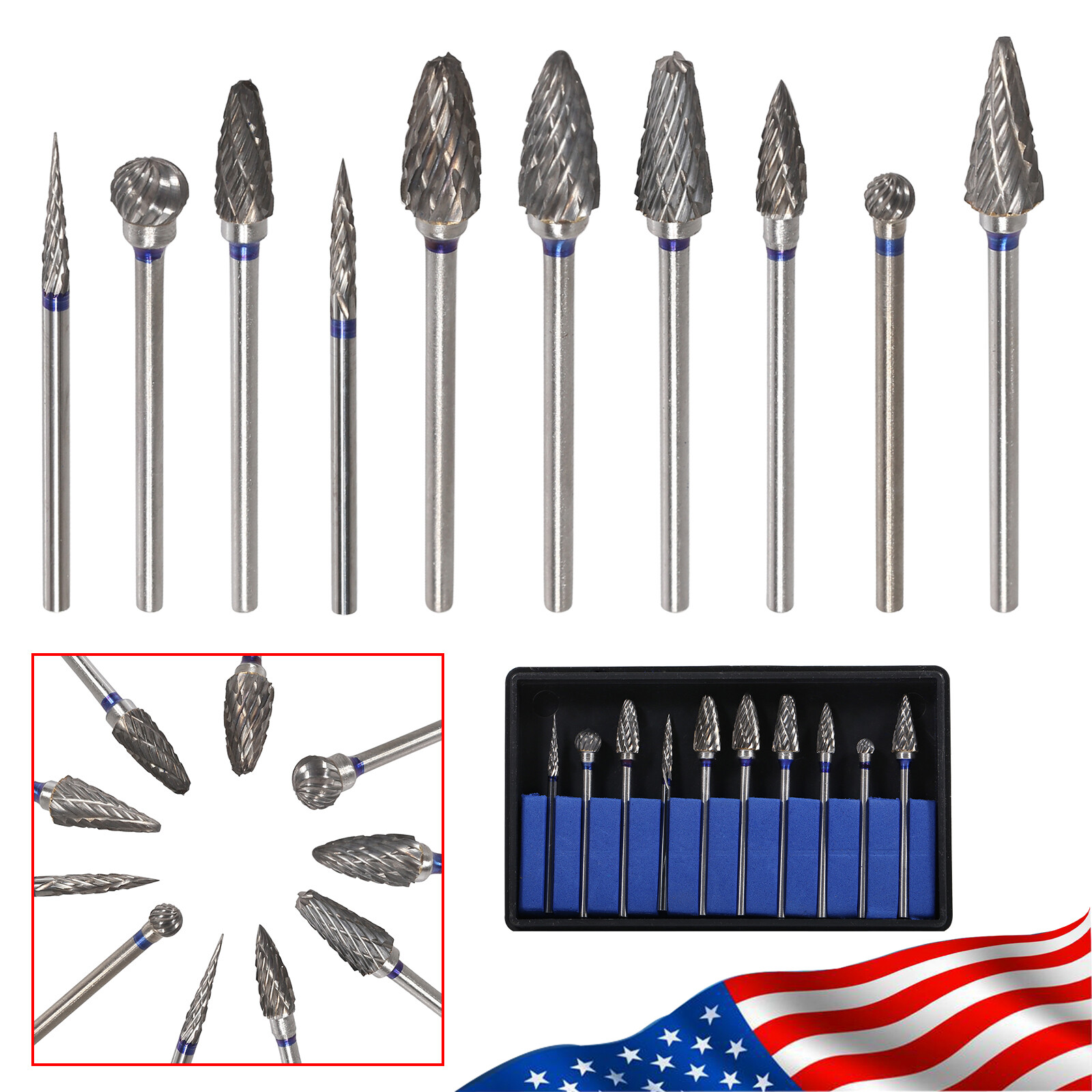 10Pcs Dental Lab 2.35MM Shank Polishing Straight Bur Drills Carbide Steel Burs