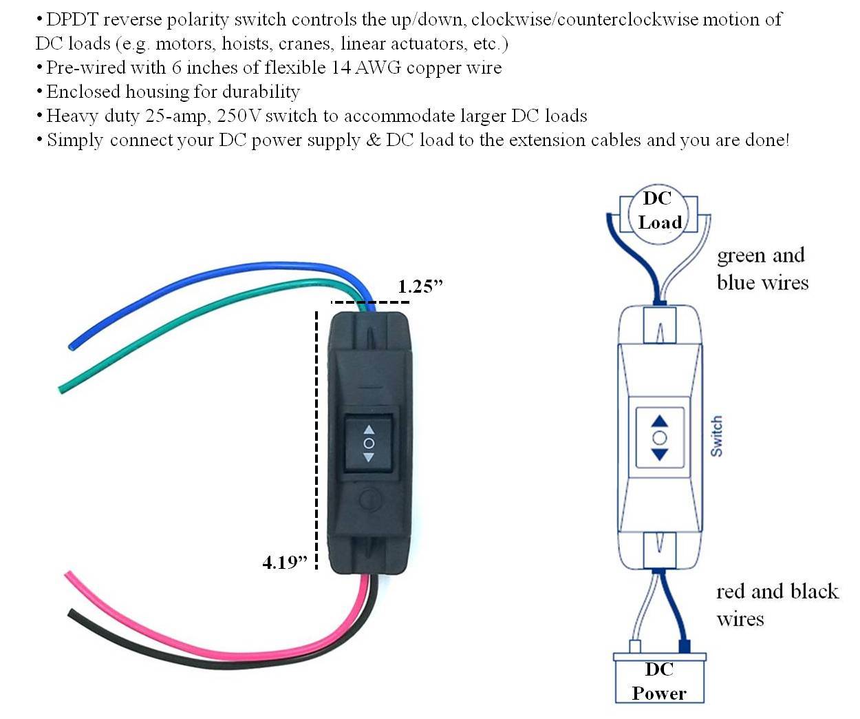 25A DPDT Forward Reverse Up Down Reverse Polarity Switch Linear Actuator