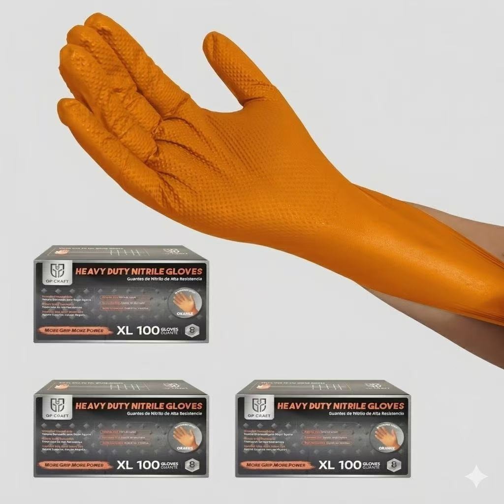 8 Mil Heavy-Duty Orange Nitrile Gloves | Diamond Grip, Latex-Free (3-Pack)