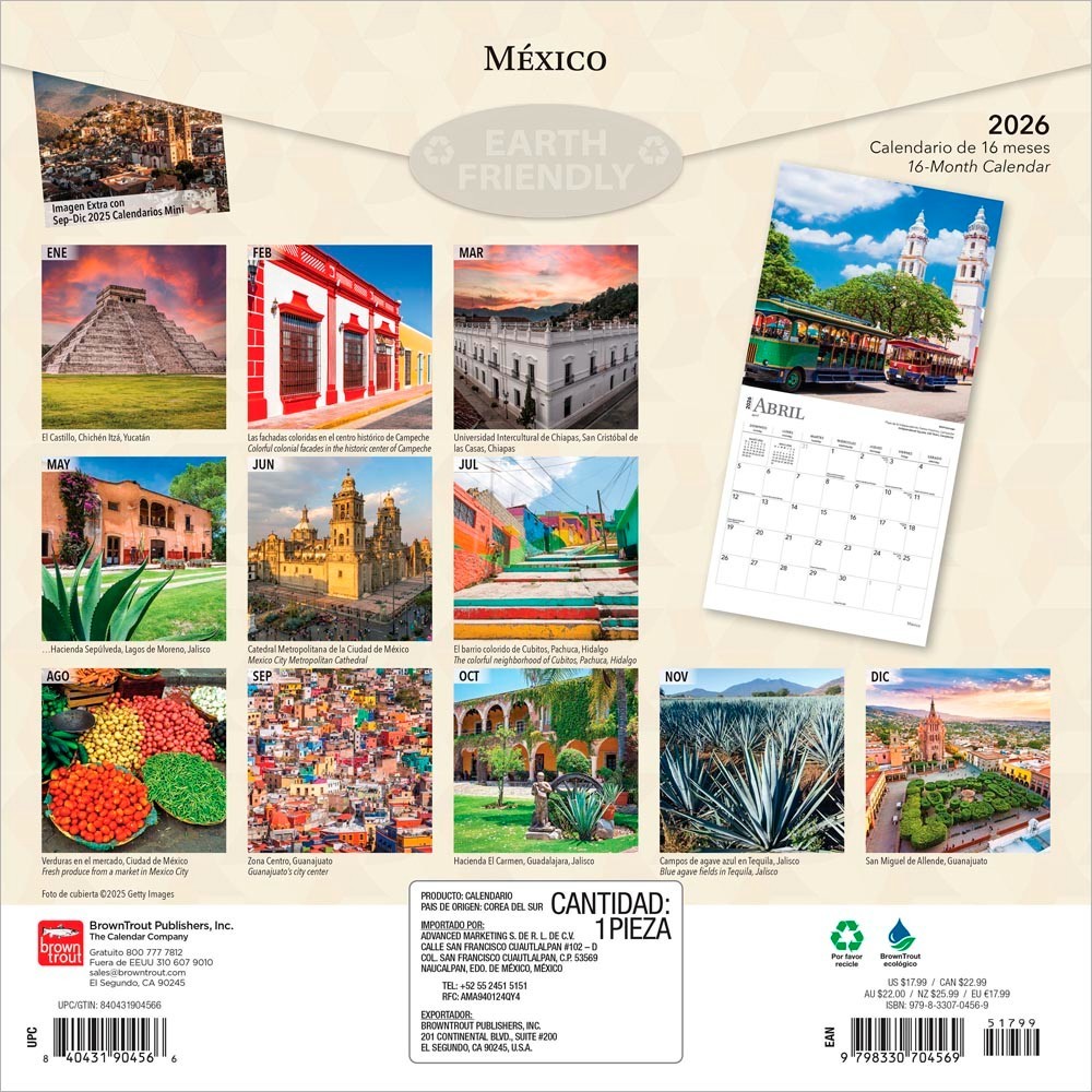 Mexico | 2026 12×24″ (Hanging) Monthly Square Wall Calendar | Plastic-Free