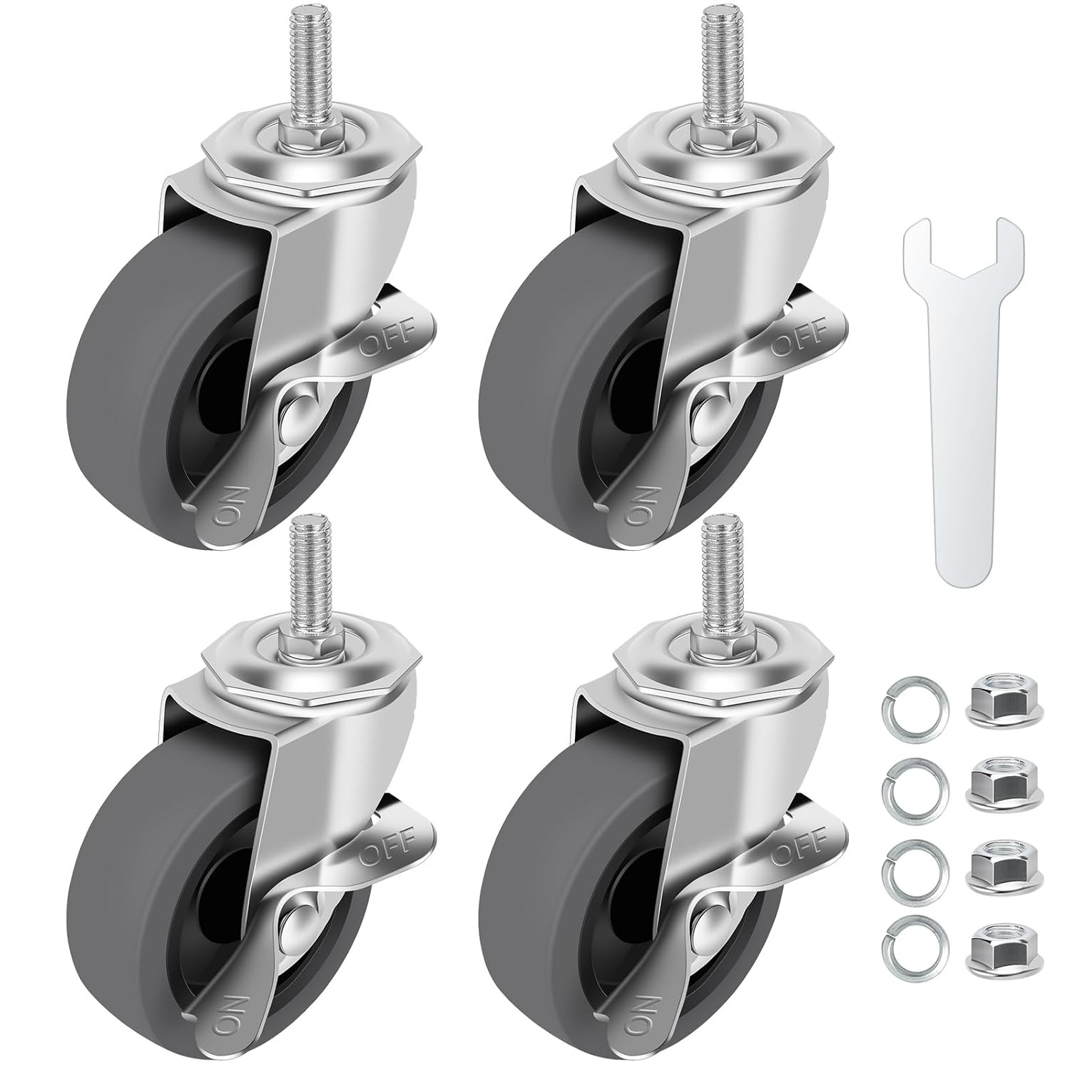 Caster Wheels, 3″ Locking Swivel Stem Casters Set of 4, 3/8″-16 x 1