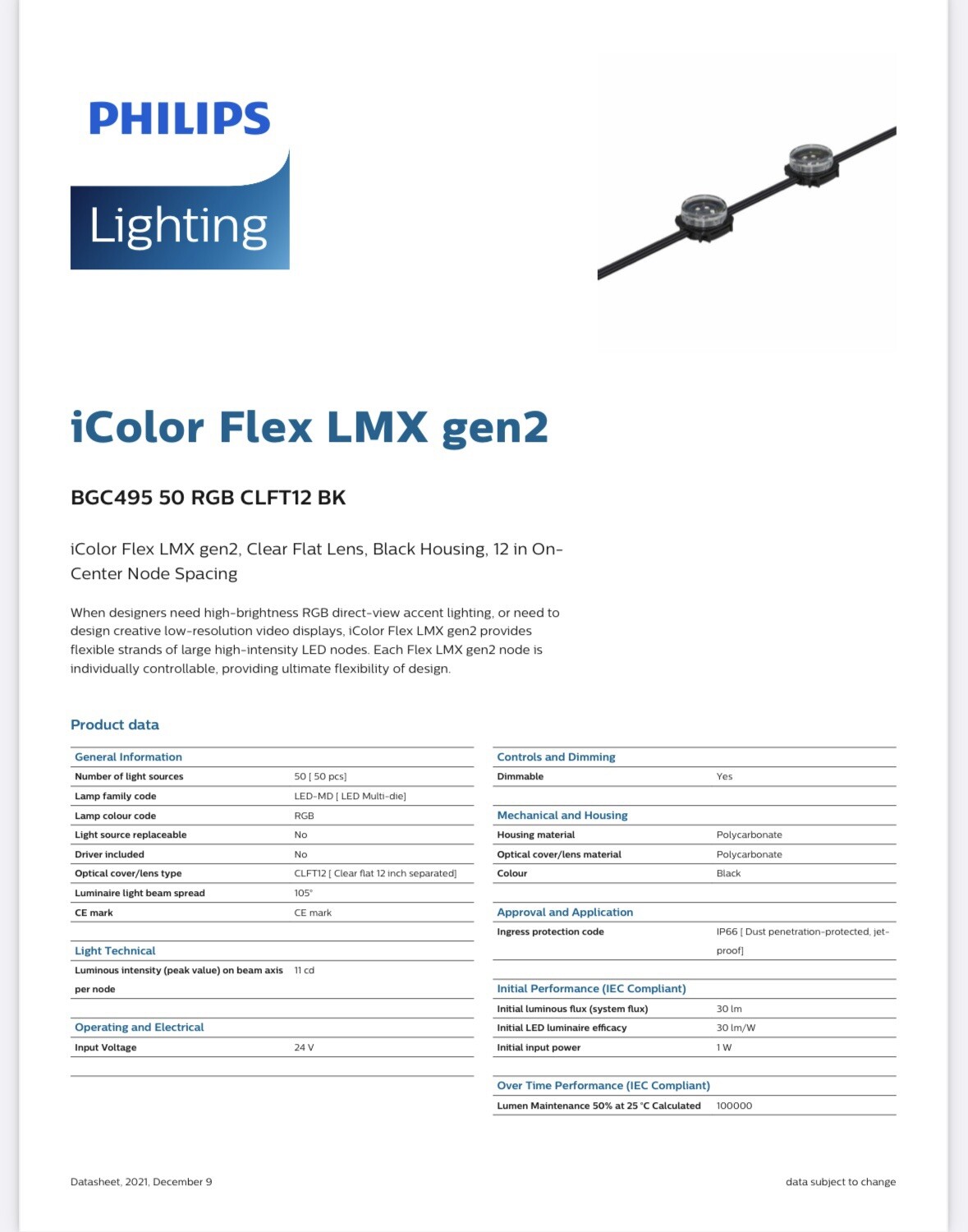 Color Kinetics Icolor Flex Lmx Gen2, 50 Nodes, 12in Oc, Black Node/Cable