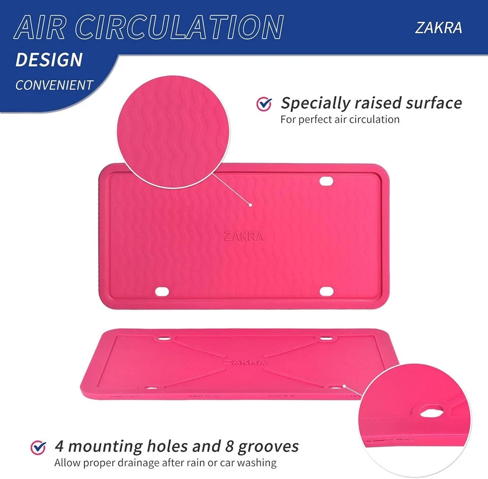 2 Pack Hot Pink Silicone License Plate Frame, 100% Street Legal & Zero Obstructi