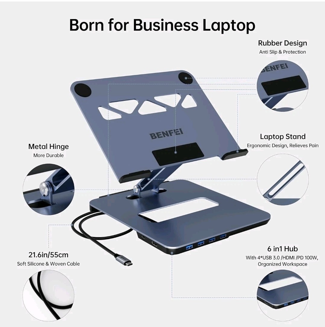 BENFEI Laptop Stand with USB C 6in1 Docking Station, HDMI 4K@60Hz, Grey