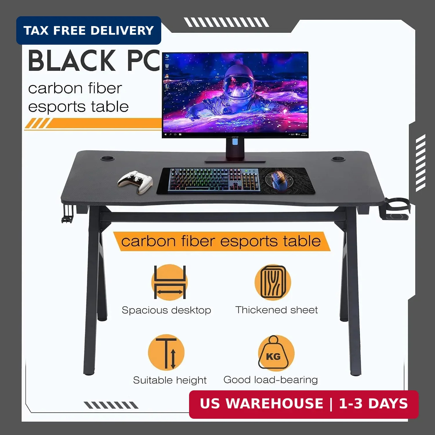 47″ Gaming Table | Blue | R-Shaped Computer Desk | with Steel Frame, Headphone H