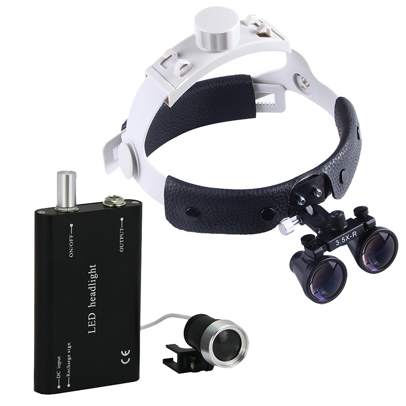 Dental 3.5X Surgical Medical Headband Binocular Loupes + LED Head Light Black