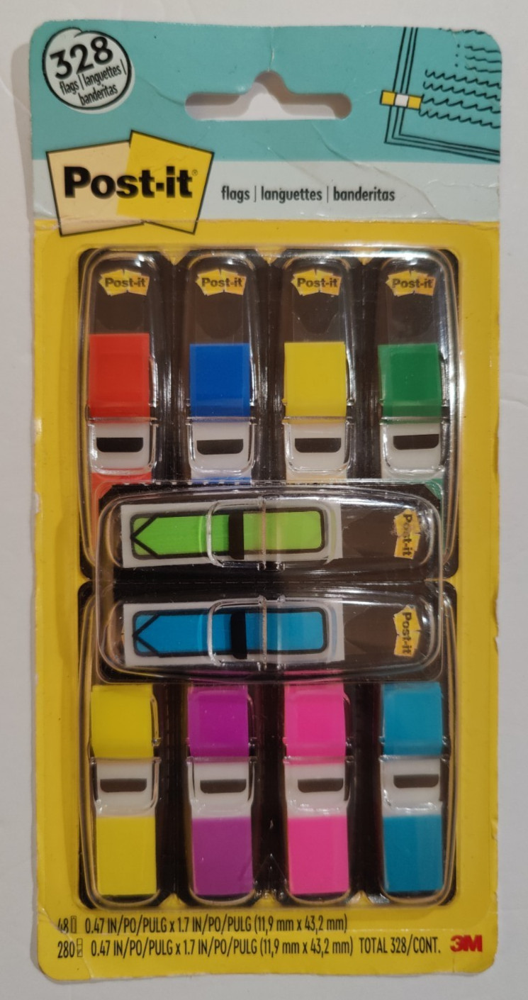 Post It Flags 5 pk of 50 Orange 1″x1.7″ & 1 pk of 328 Multi Colored .47″ x1.7″
