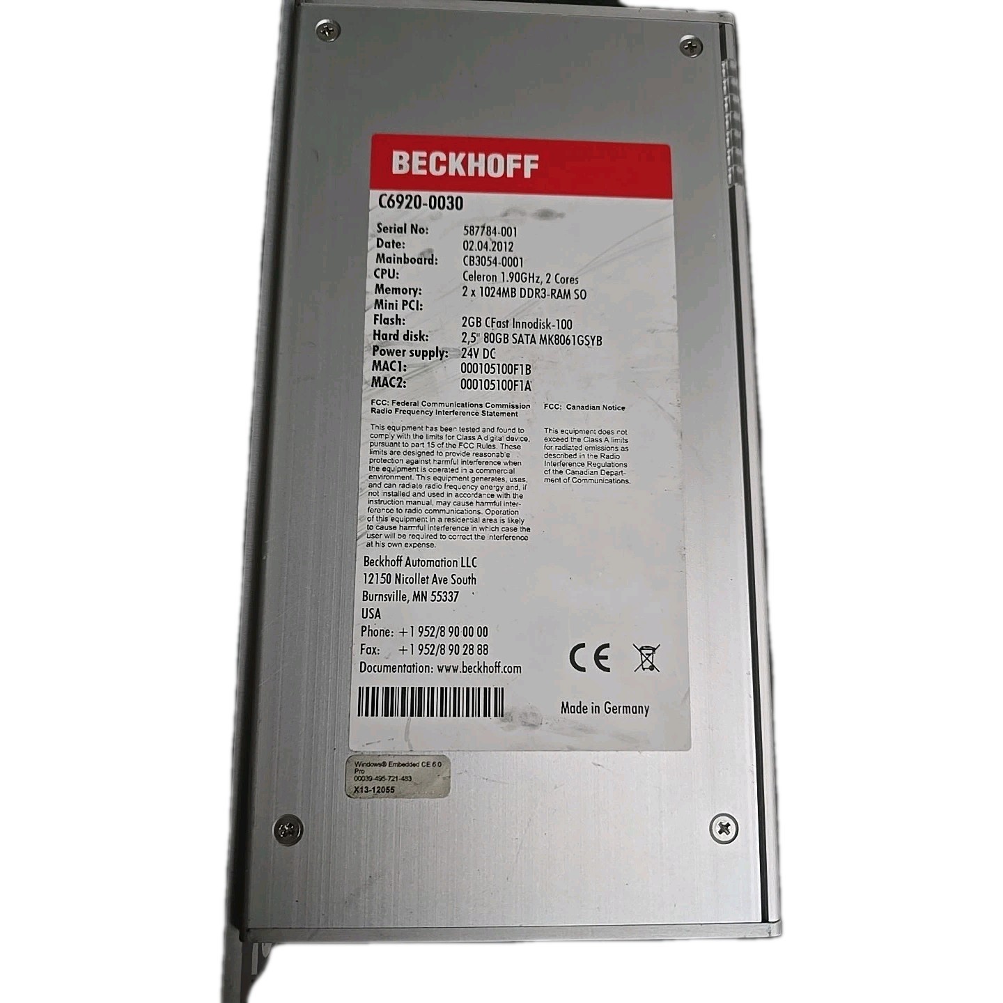 Beckhoff C6920-0030 Servo Drive – 80gb Sata, 24v dc, Celron Cpu, 2gb Flash