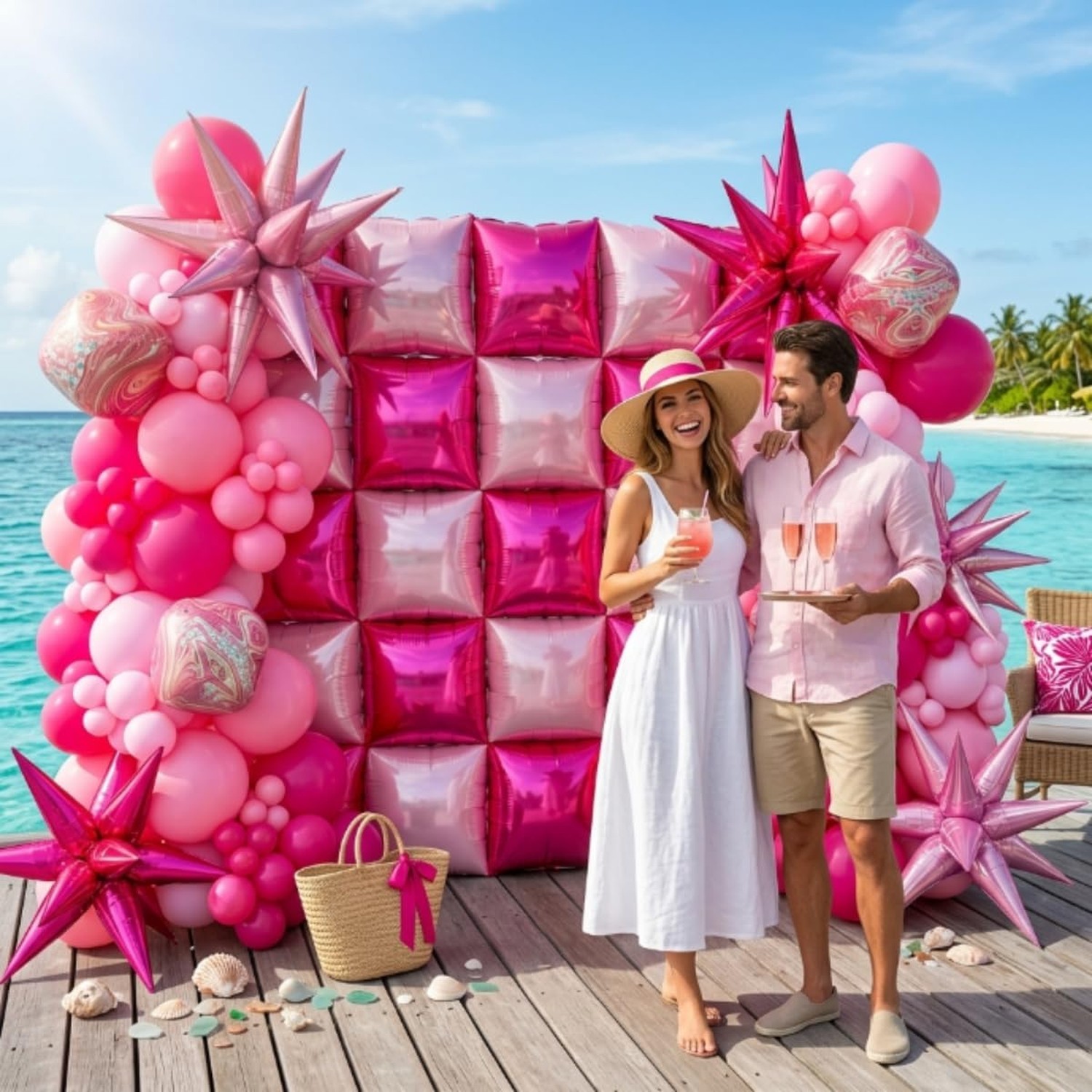 HILAVO Hot Pink Square Balloons Wall, 10 PCS Magenta Foil Balloons Wall Doubl…