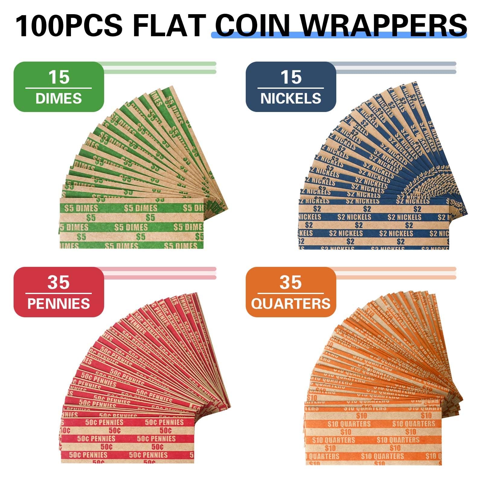 ESSENTIAL 100 Pcs Assorted Packed Flat Stripped Coin Wrappers 100-Assorted