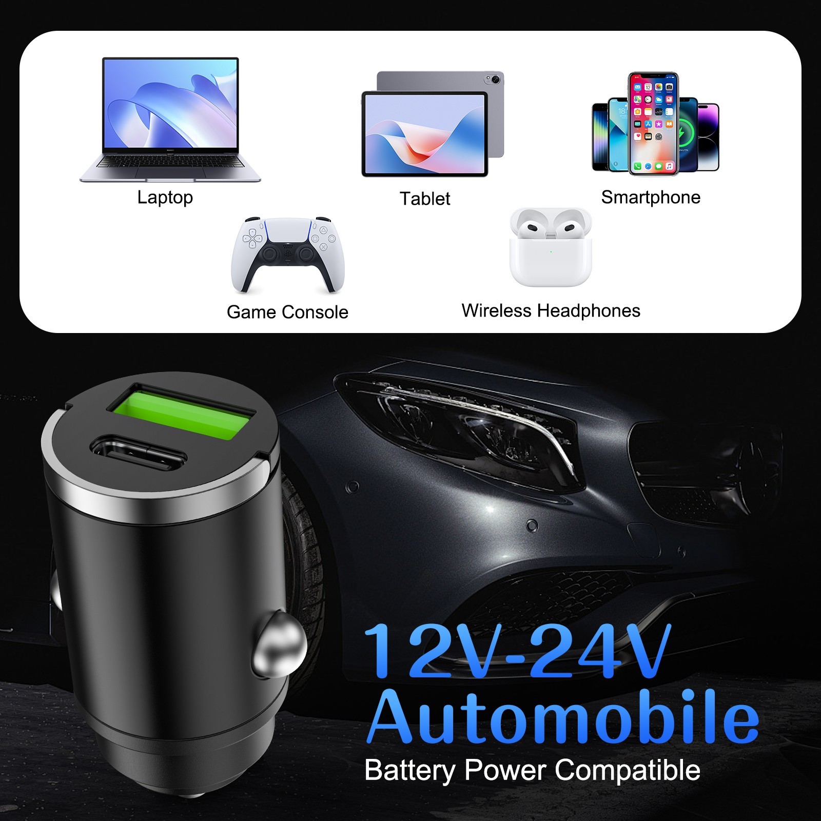100W Fast Car Charger Adapter,Dual USB C PD & QC3.0 Port for iPhone 15/14/13