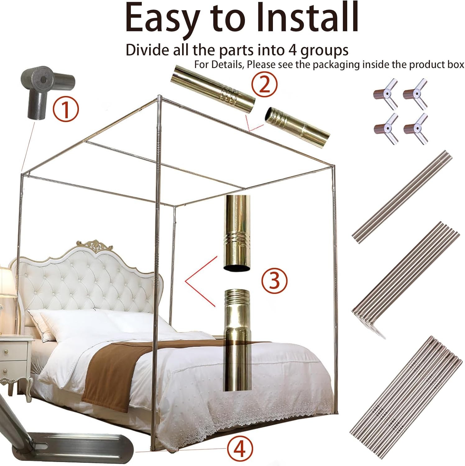 Canopy Bed Frame Full, Stainless Steel Four Corner Bed Canopy Poles Mosquito Net