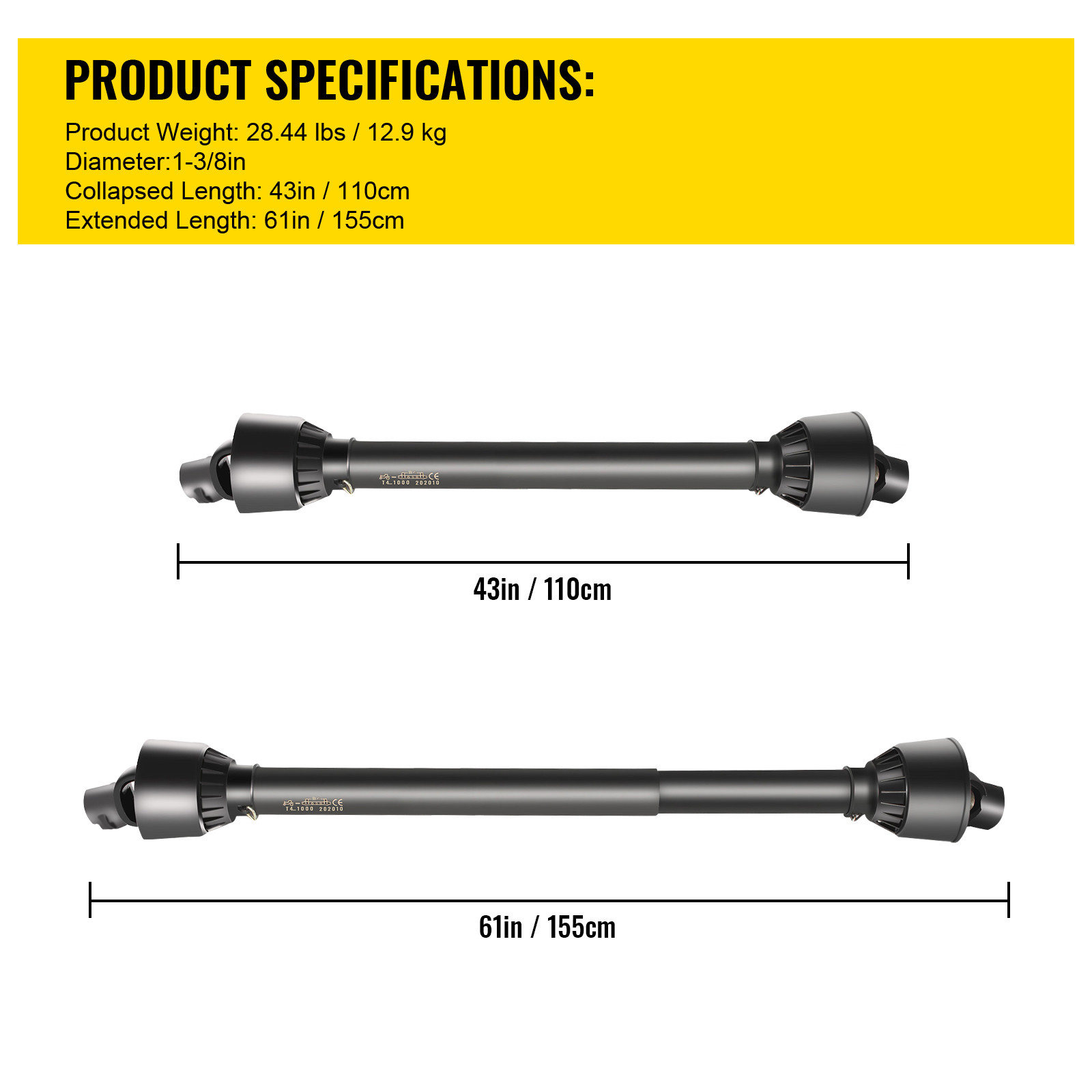 VEVOR PTO Shaft PTO Drive Shaft 1-3/8″ x 6 Spline Ends Round End T4 43″-61″