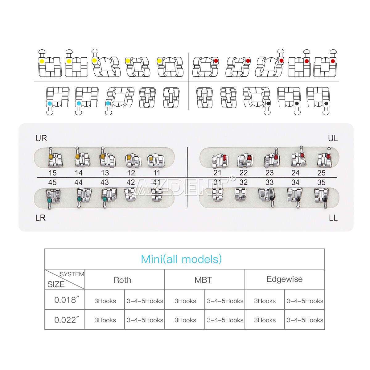 10X AZDENT Dental Brackets Mini/Standard MBT/Edgewise/Roth 022/018 Hooks 3/345