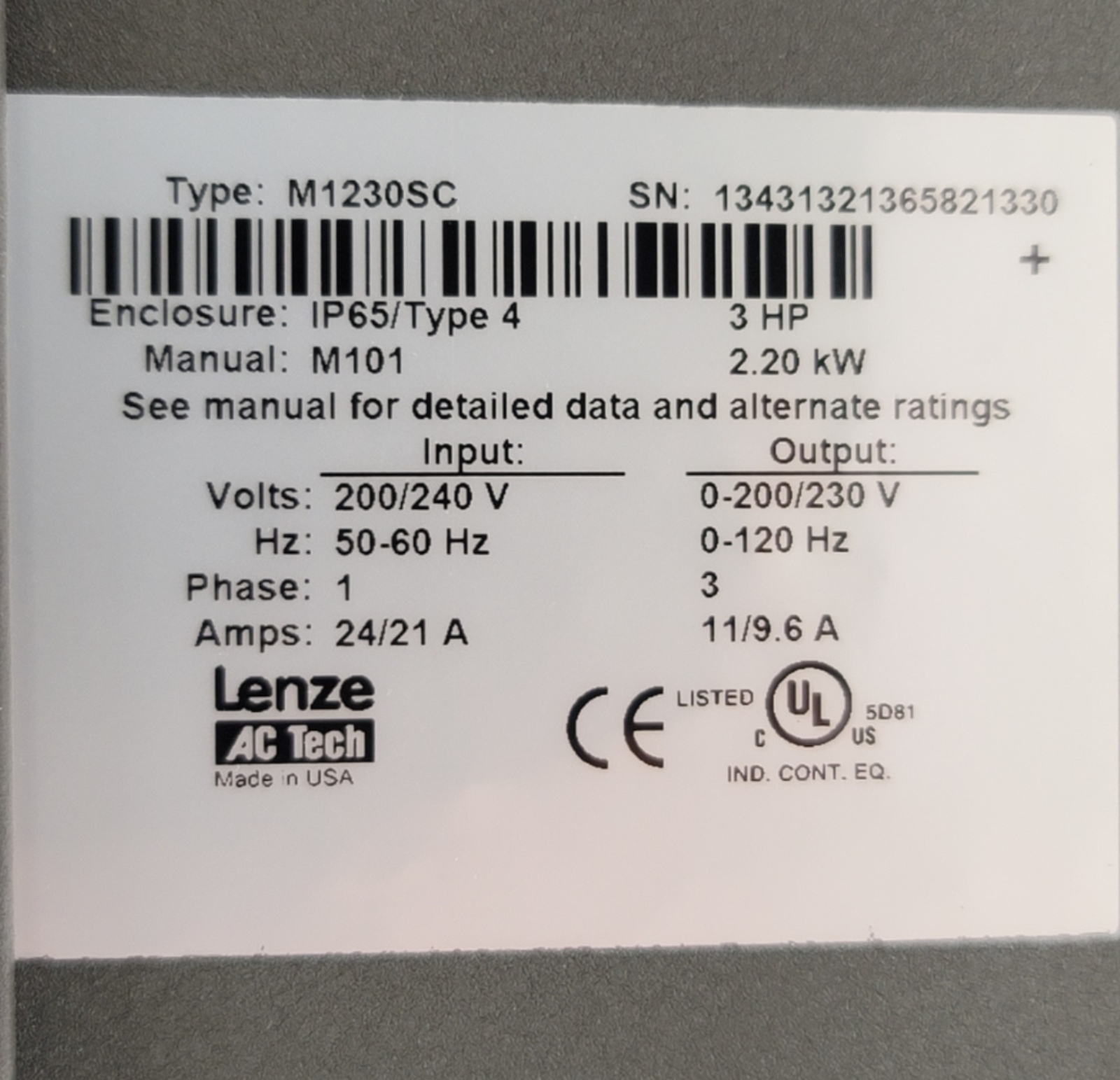 Lenze M1230SC AC Tech MC Series Variable Frequency Drive 240VAC 1-Phase, 3HP