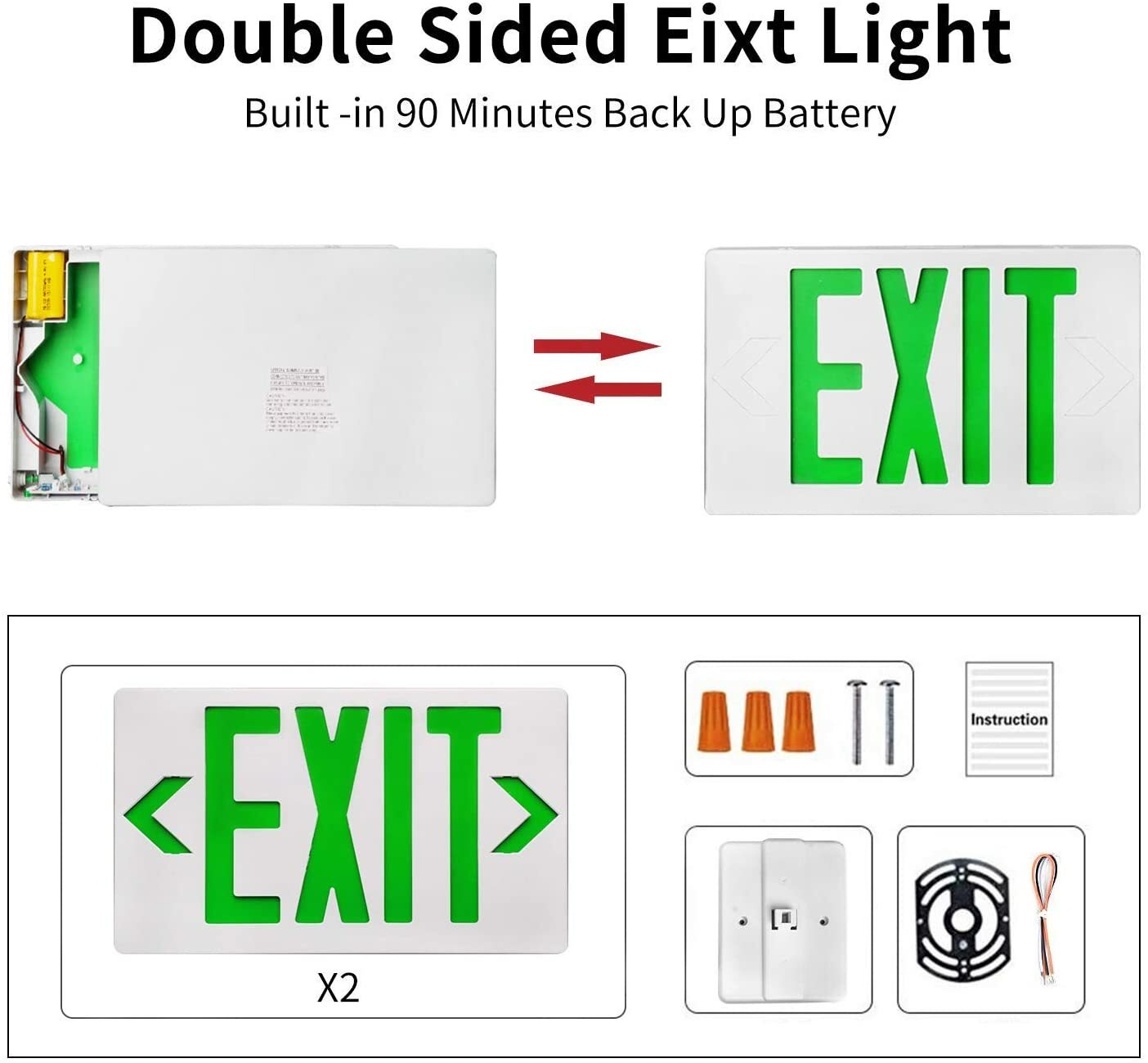 GREEN LED Emergency Exit Light Sign – Battery Backup UL924 Fire (GREEN SIGN)