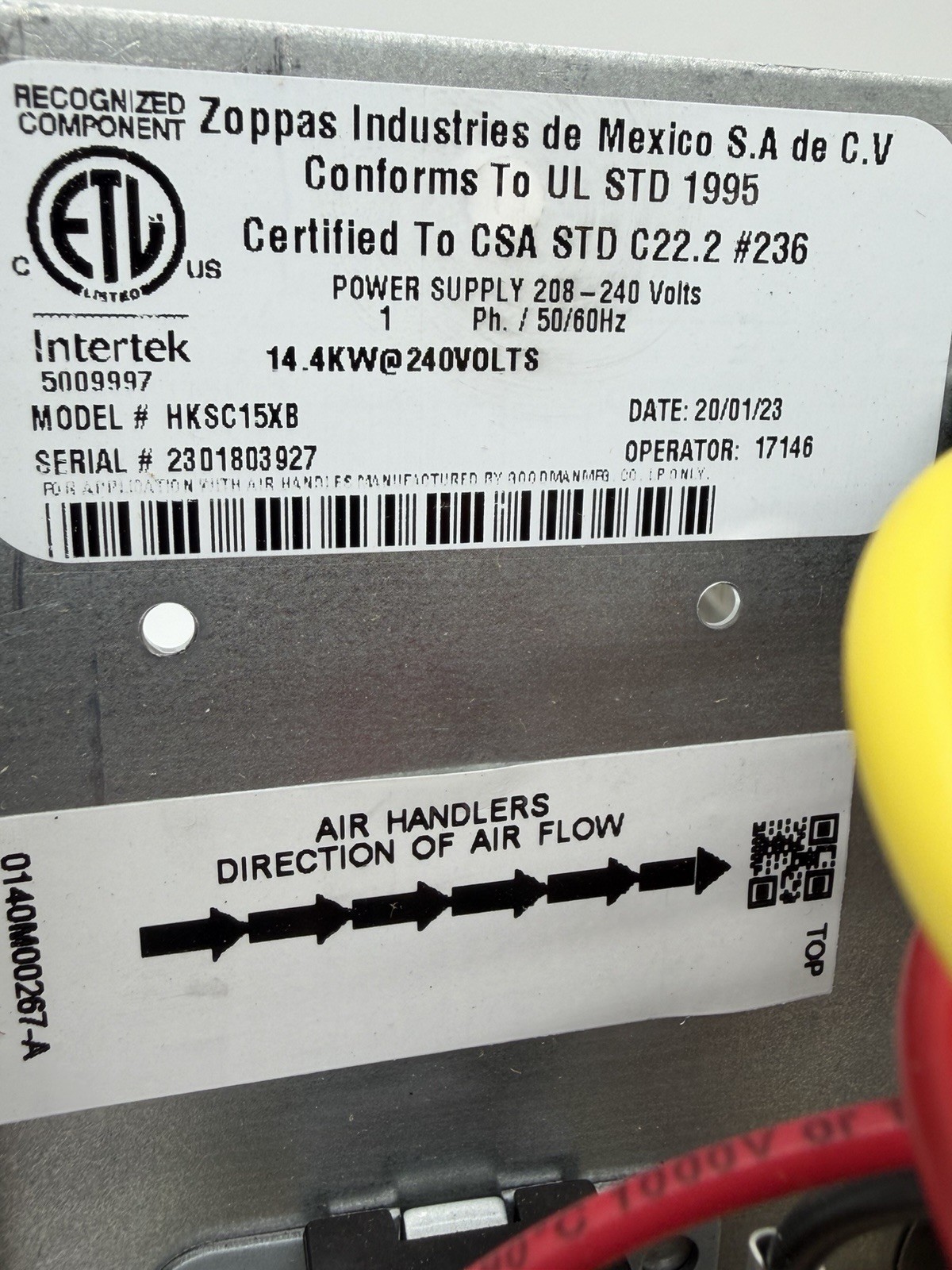 Goodman Electric Auxillary Heat HKSC15XB 15KW with Breaker 240V 0175M00047-B