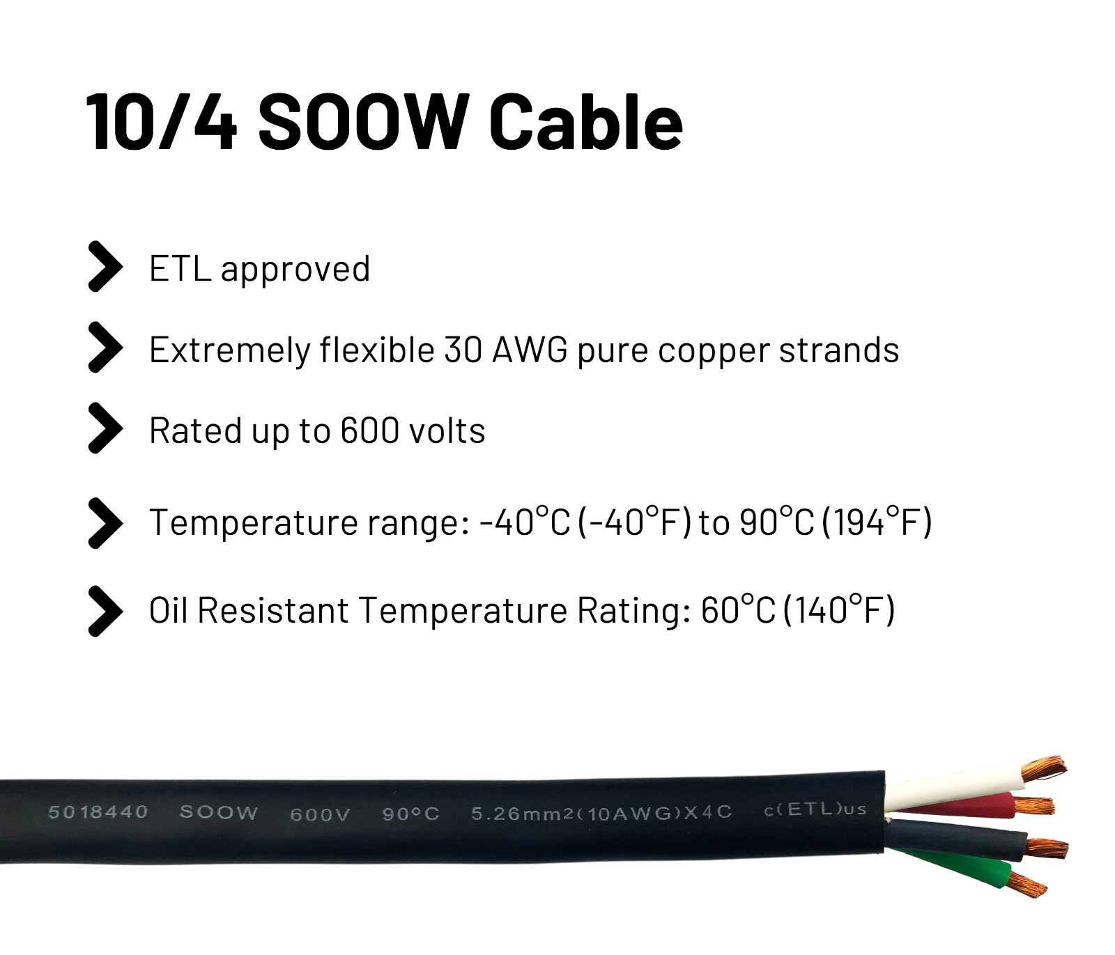 WindyNation 10/4 10 AWG 4 Conductor SOOW SO Cable Cord Wire 600V Portable Power