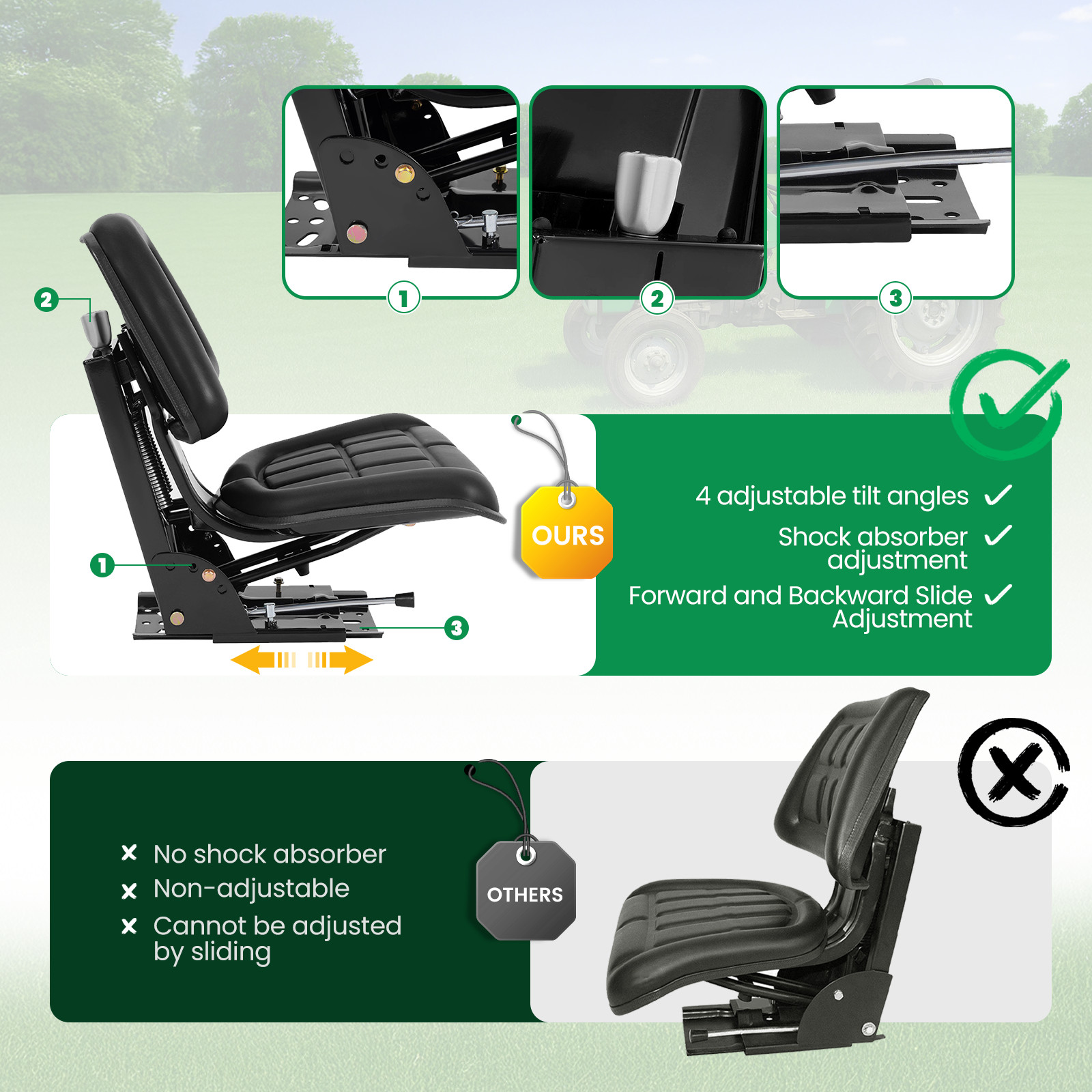 Black Universal Suspension Tractor Seat For John Deere Massey Ferguson Ford