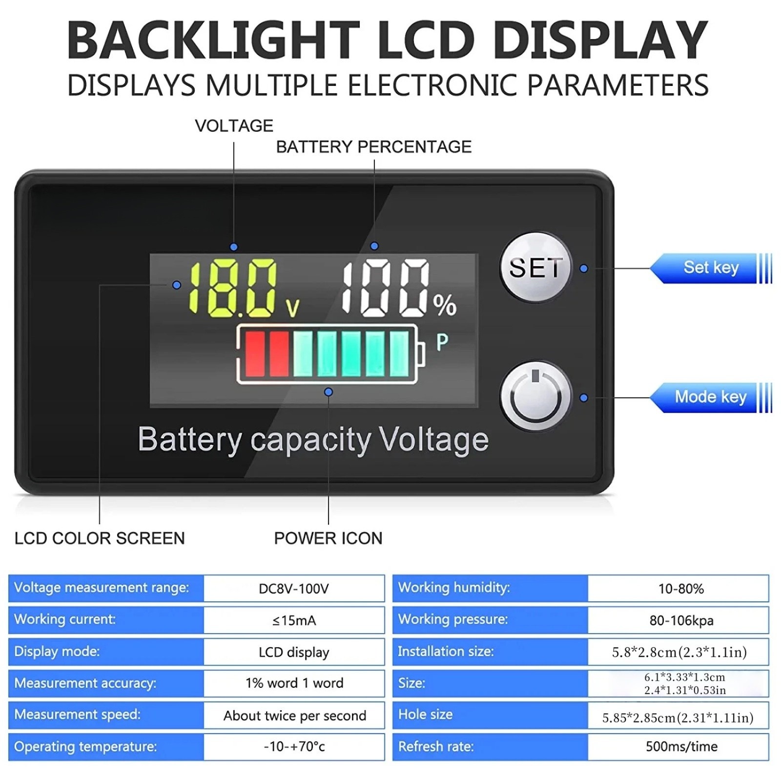 Battery Monitor Meter With LCD Display 12v 24v 36v 48v 60v 72v For Marine Boat