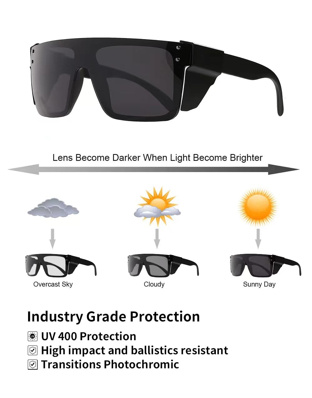UV400Transition Photochromic Safety Glases Light to Dark Grey Lenses ANSI Z87…