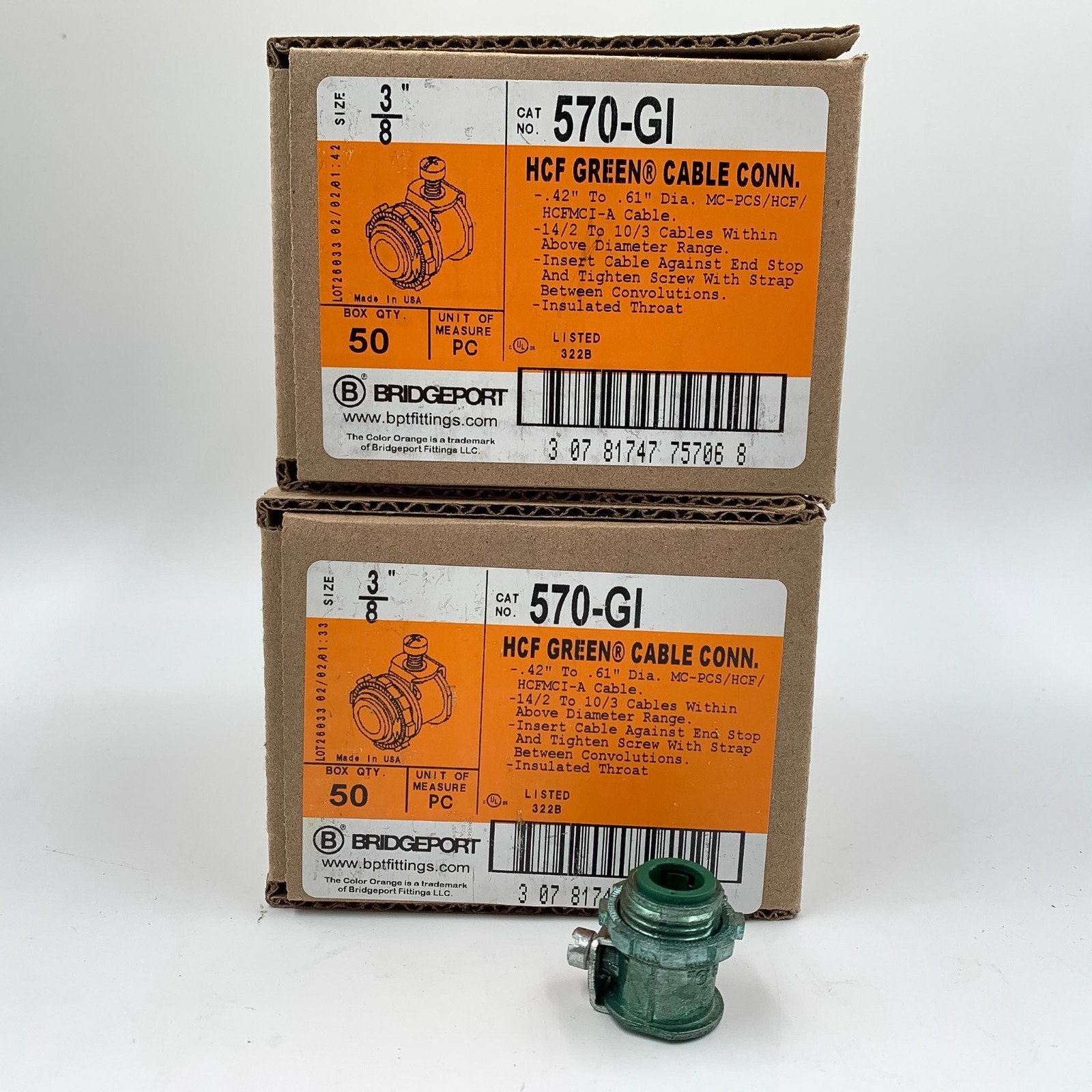 100 Pack Bridgeport 570-GI Cable Connector HCF Green 14/2 To 10/3