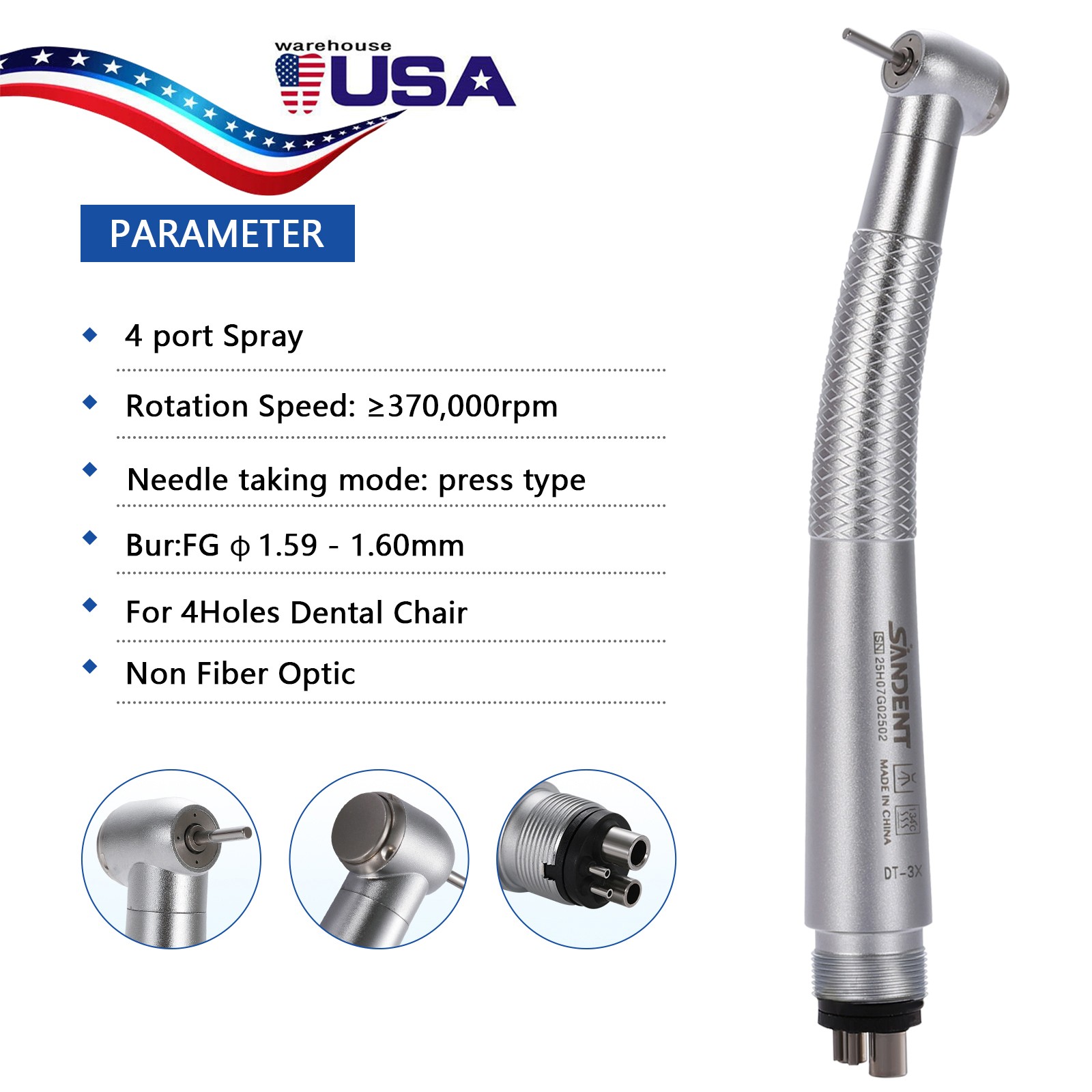 SANDENT Dental High Speed Handpiece Push Button 4 port spray 4 Hole Fit NSK