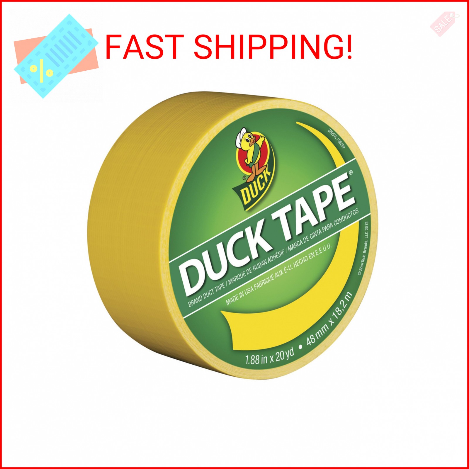 Duck Brand 1304966 Color Duct Tape, Yellow, 1.88 Inches x 20 Yards, 1 Roll