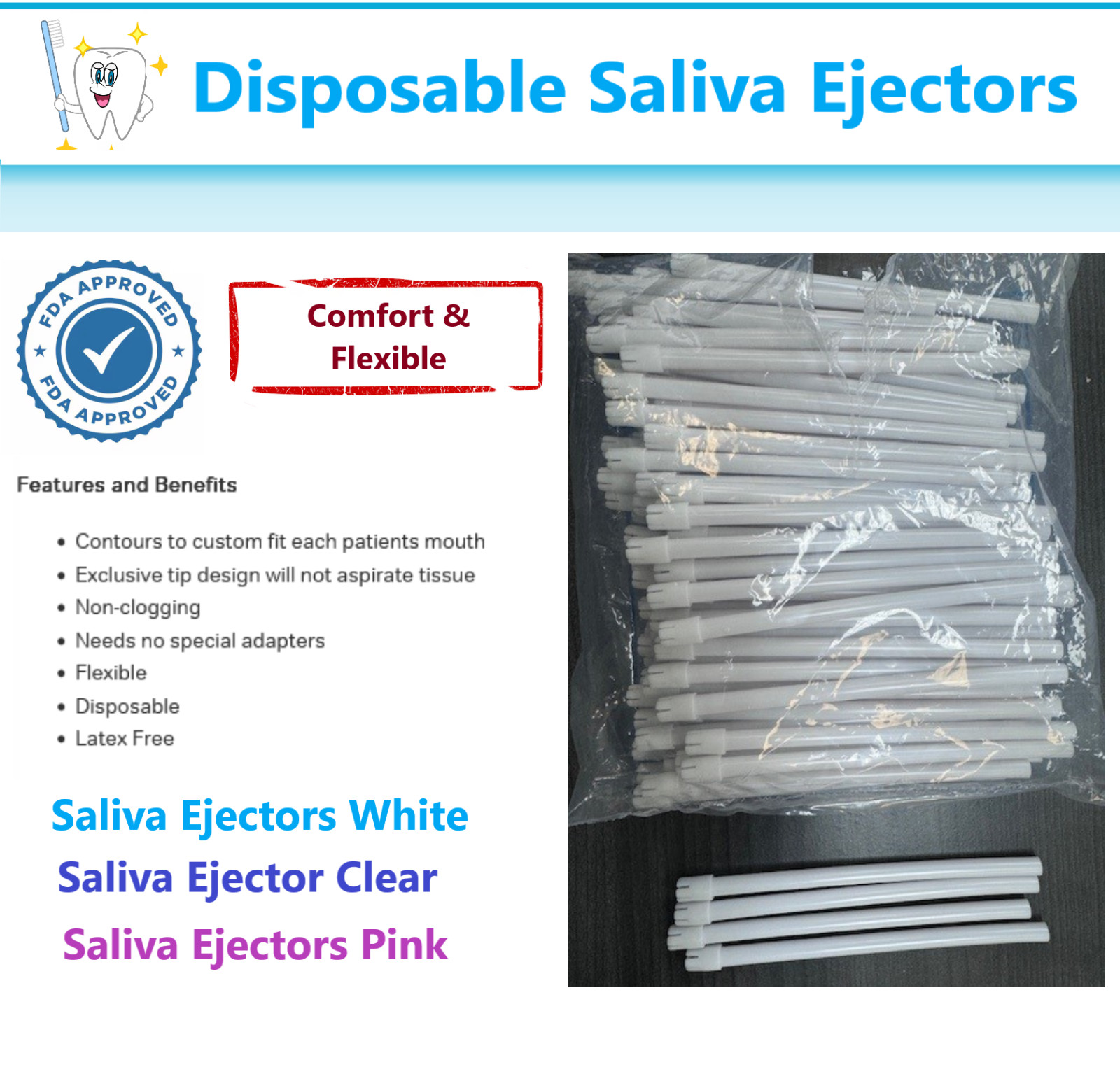 100-1000 Dental Saliva Ejectors Ejector CLEAR/BLUE Suction Tips Disposable Tip