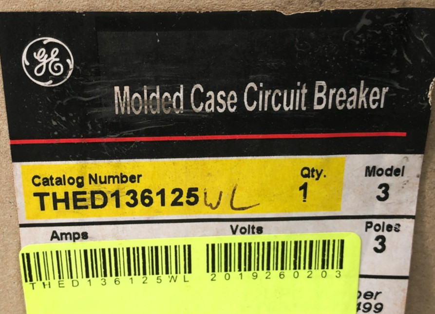 New General Electric THED136125 Circuit Breaker 125A 600VAC 250VDC 3P Model 3