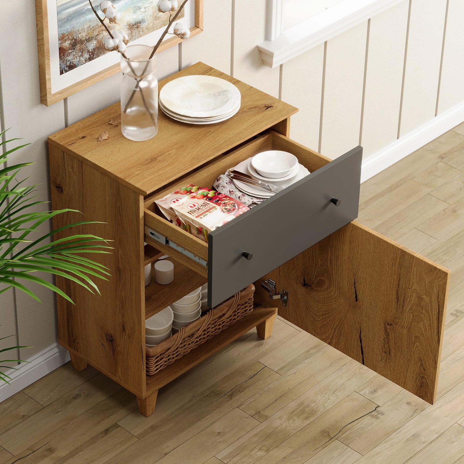 4 Modern Wood Cabinets with Drawers Doors Adjustable Shelves Oak Brown Dark Grey