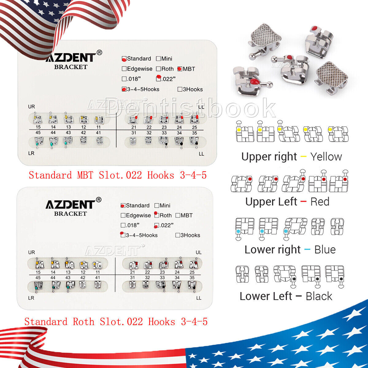 AZDENT Dental Orthodontics Brackets Braces Metal Standard MBT Roth 022 Hooks 345