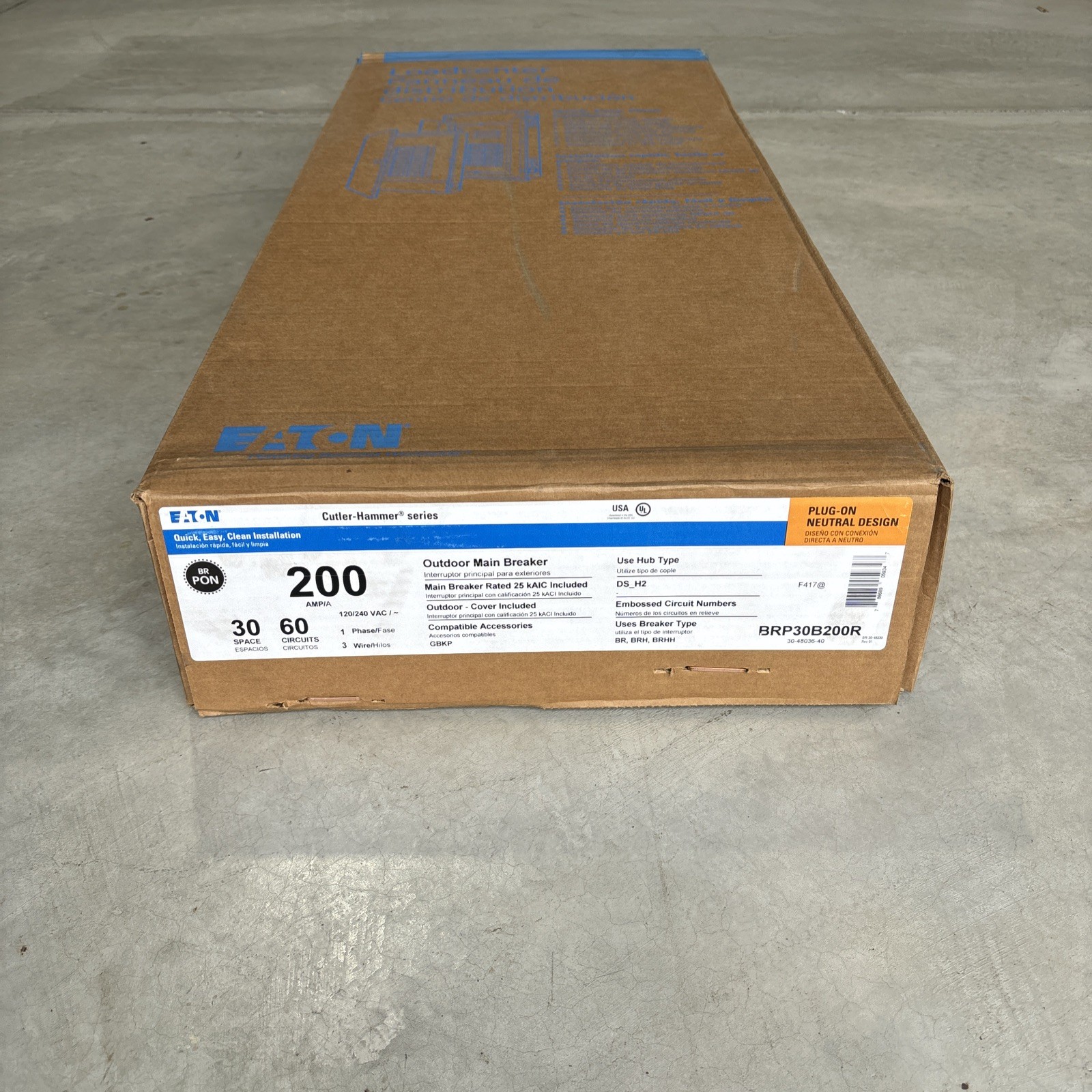 EATON BRP30B200R 200A OUTDOOR LOADCENTER WITH MAIN BREAKER 30Sp 60Cir NEW IN BOX