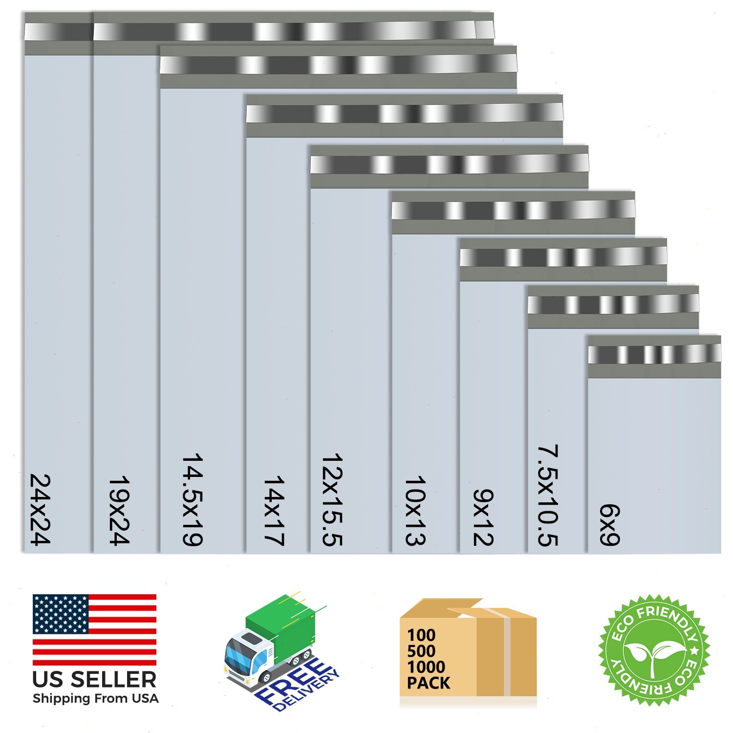 Poly Mailers Shipping Bags – 6×9 7.5×10.5 9×12 10×13 12×15.5 14×17 19×24 24×24