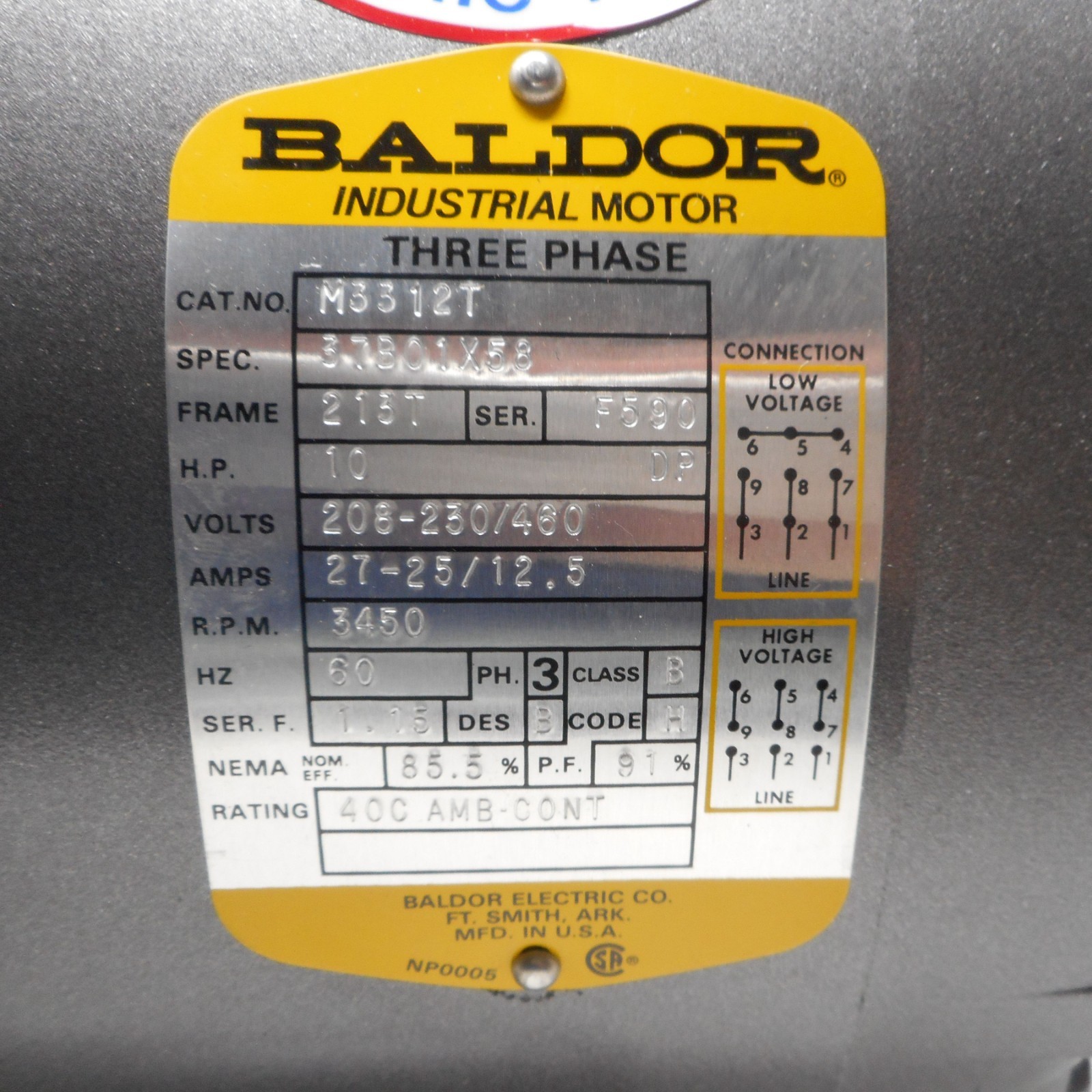 Baldor Three Phase Industrial Motor 10 HP 230/460V 3450 RPM M3312T