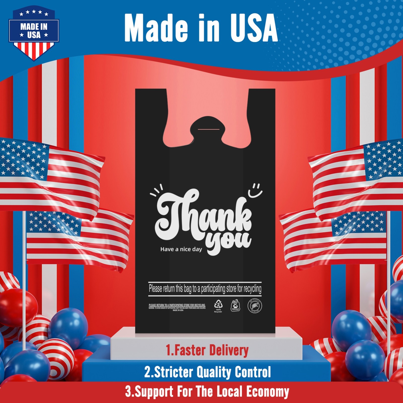 1000 Black Thank You T-Shirt Bags 12″ x 6.5″ x 21″ Plastic Grocery Shopping Bags