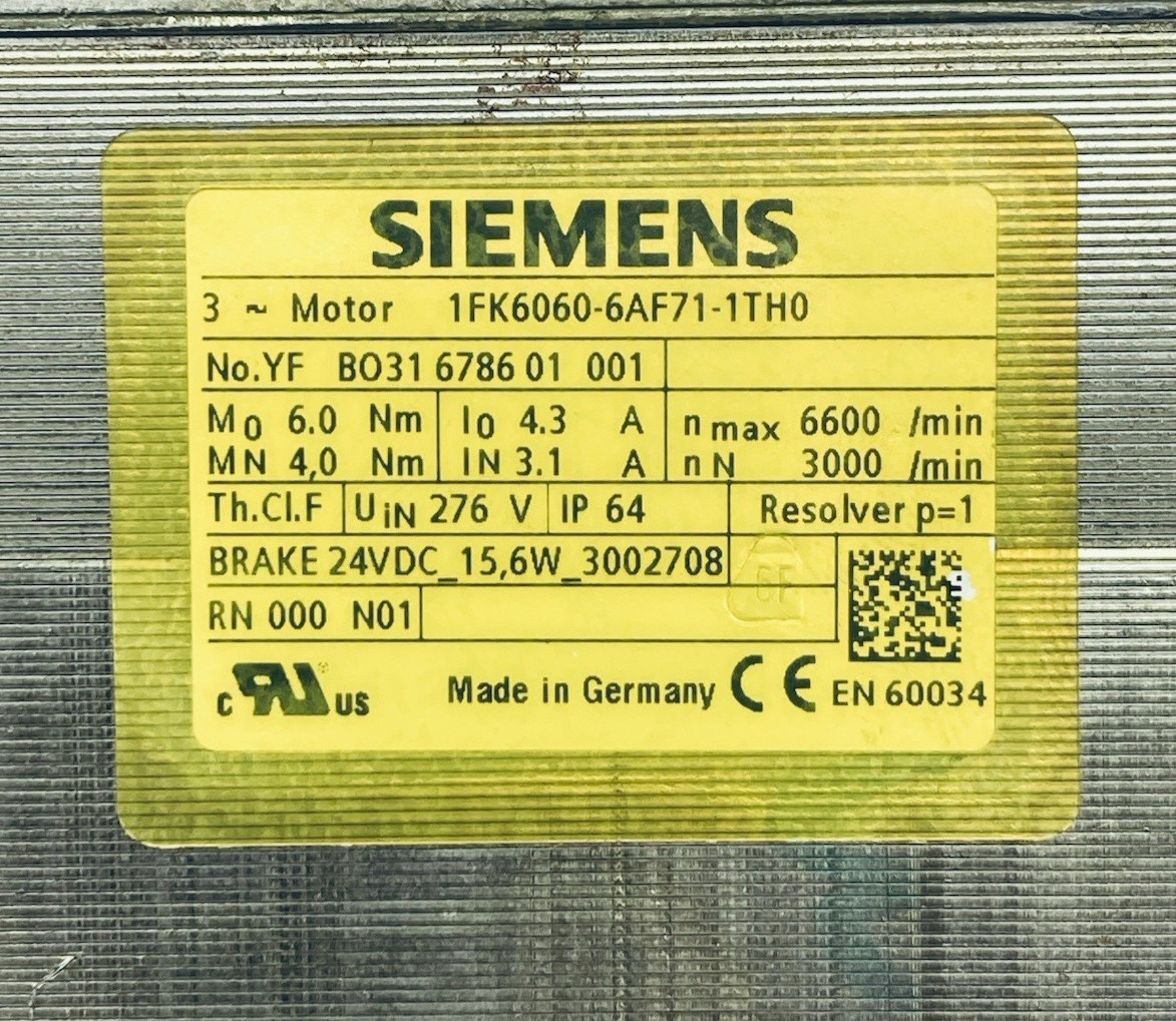 SIEMENS 1FK6060-6AF71-1TH0 Servo Motor 24vdc/Brake 15.6W 3ph 24mm-Shaft
