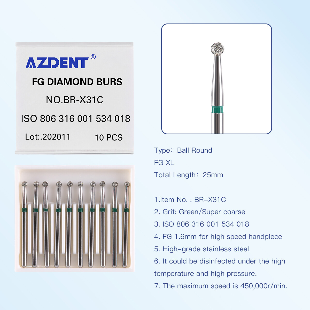 10Pcs AZDENT Dental Diamond Burs Ball Round For High Speed Handpiece FG 1.6mm