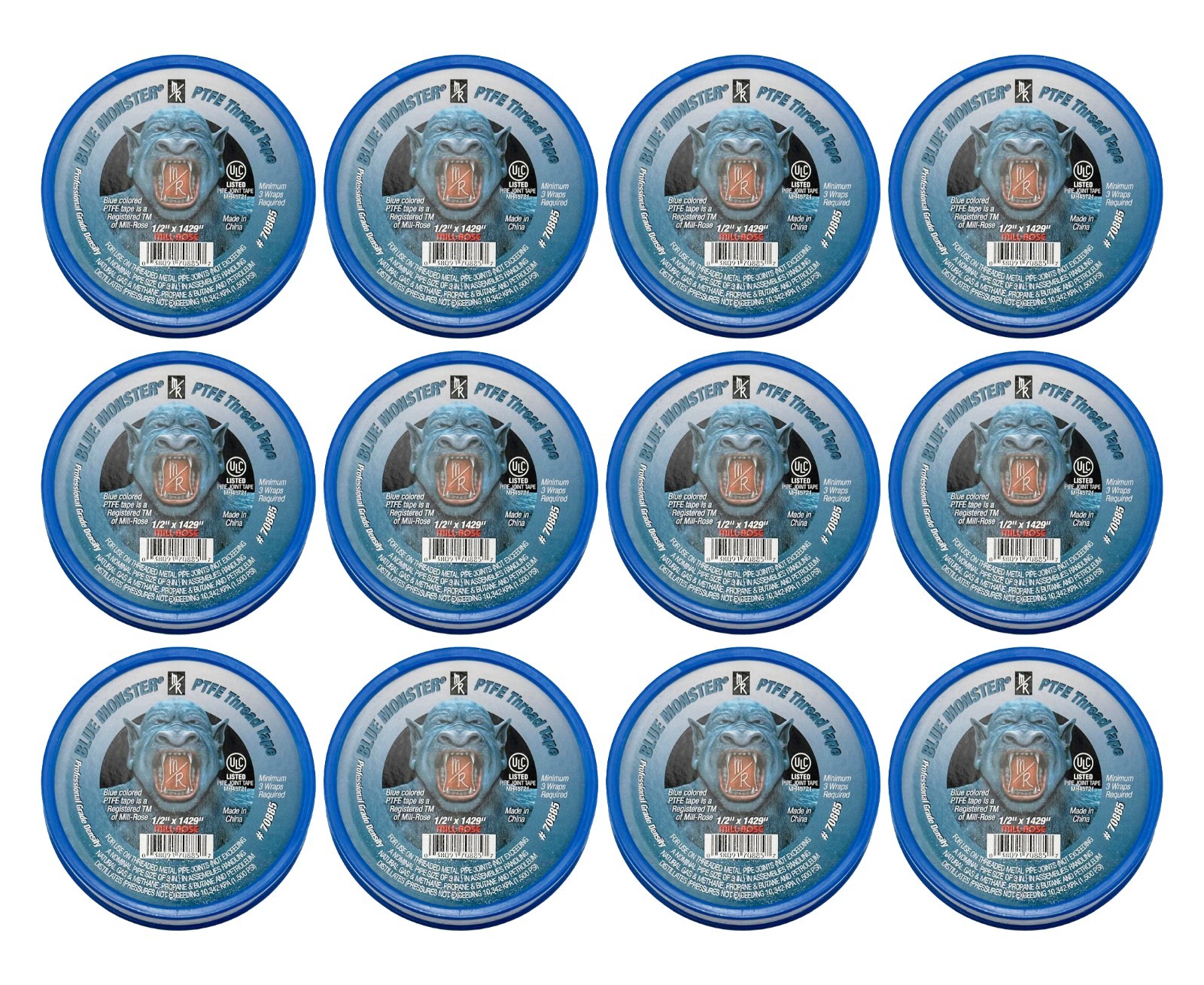 Blue Monster 70885 PTFE Teflon Thread Tape 1/2″ x 1429″ (Pack of 12)