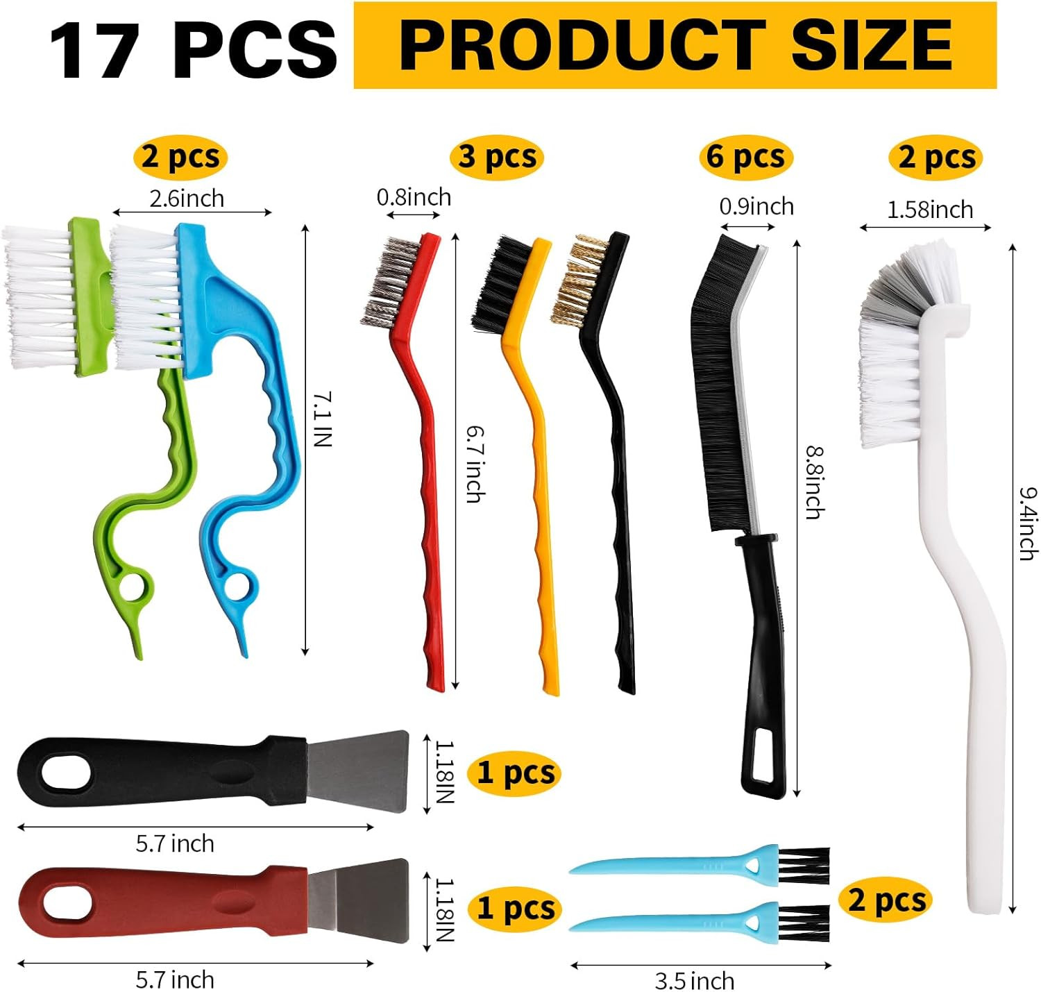 All-Purpose Cleaning Brush Set – Nylon/Brass/Steel Brushes & Scrapers 17Pcs Set