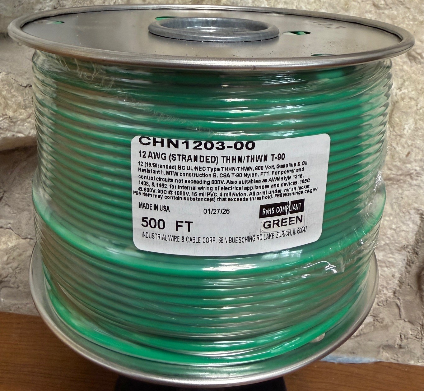 500 FT THHN/THWN WIRE. 12AWG STR BC 600 VOLT. MADE IN USA.WHT,ORG,BLK,orRED