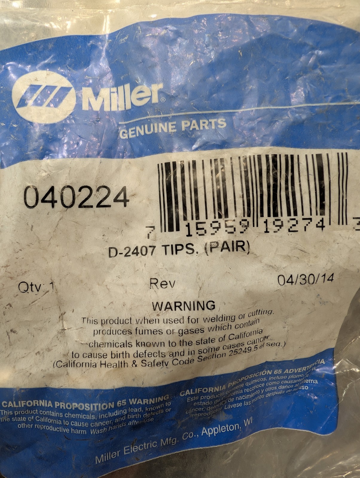 Miller 040224 D-2407 Tips, (Pair) Brand New NOS. White Powder Dried Up On Tube