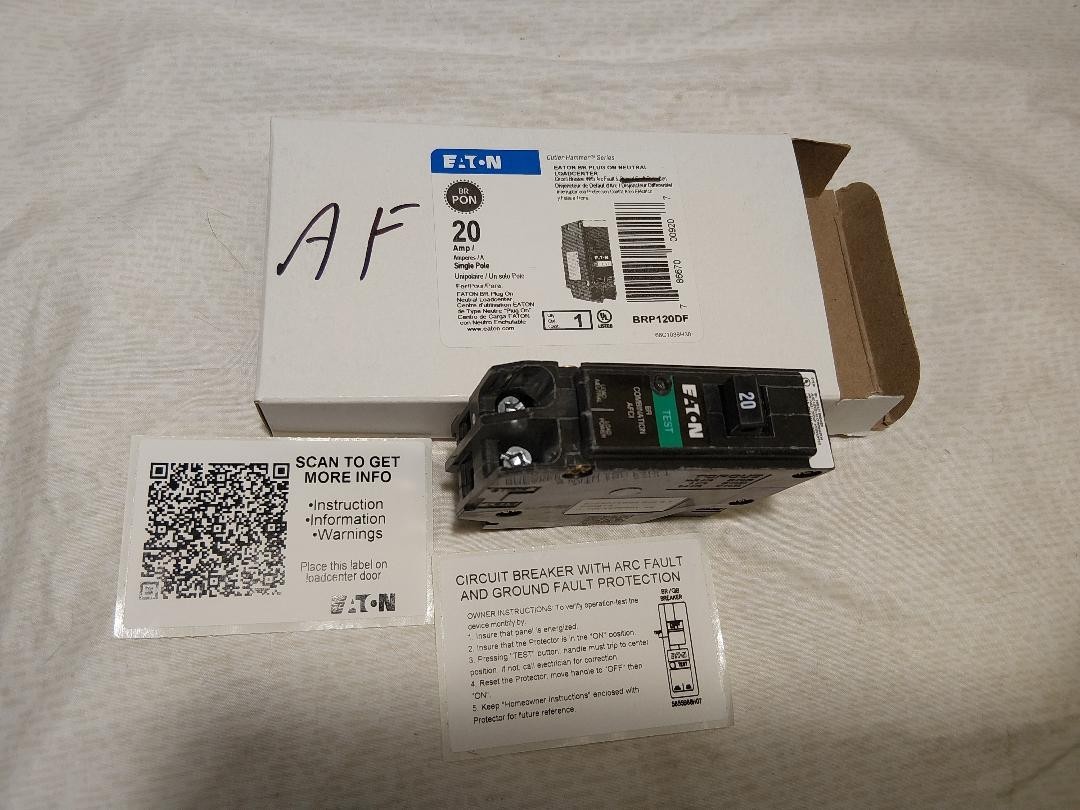 EATON BR SERIES COMBINATION AFCI ARC FAULT 1 POLE 20 AMP BREAKER BRP120AF NEW